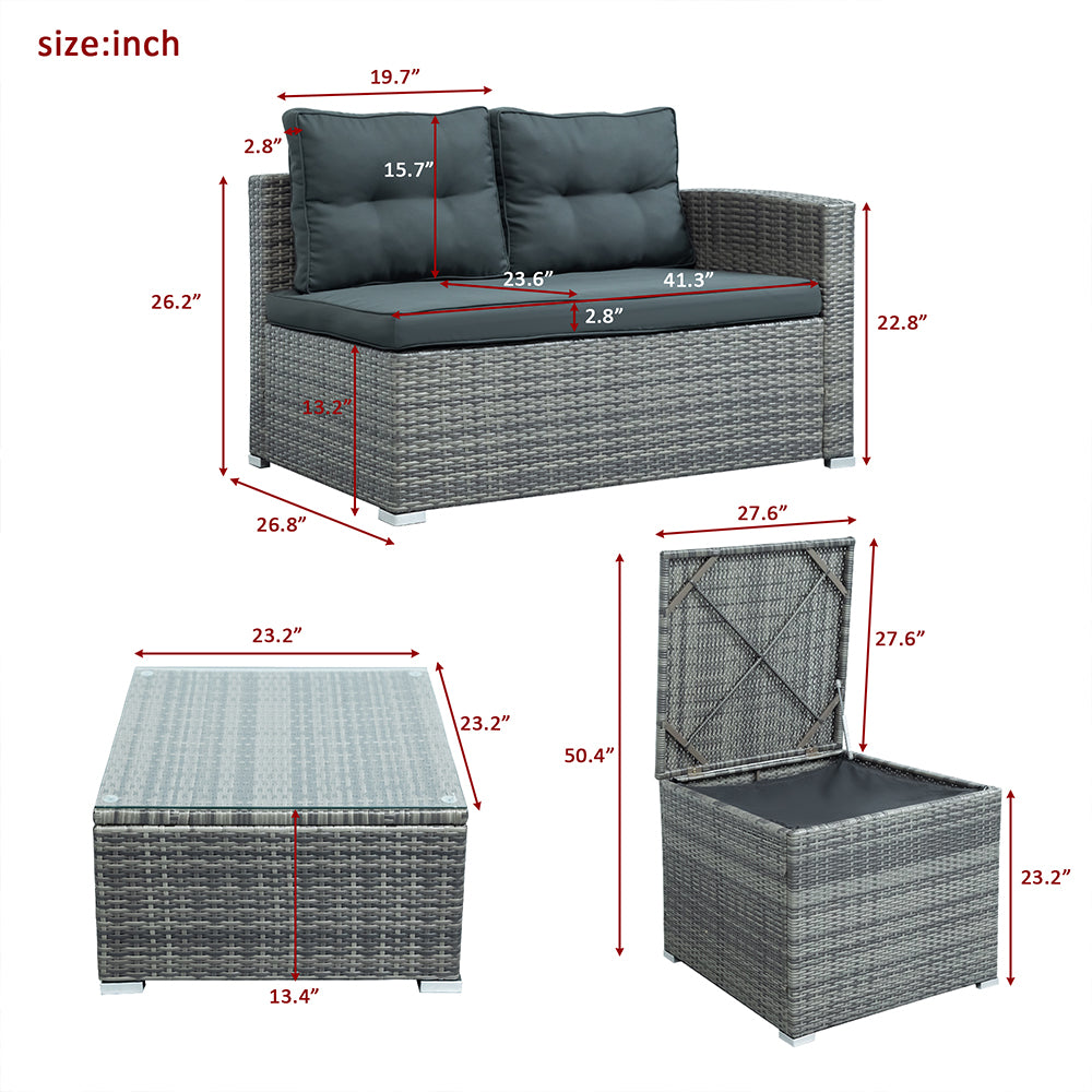 SYNGAR 4 Piece Wicker Patio Furniture Sets, Outdoor Sofa Set with Loveseat Sofa, Table and Storage Box, All Weather Rattan Sofa and Cushioned Seats for Garden, Lawn, Backyard, Front Porch, Gray