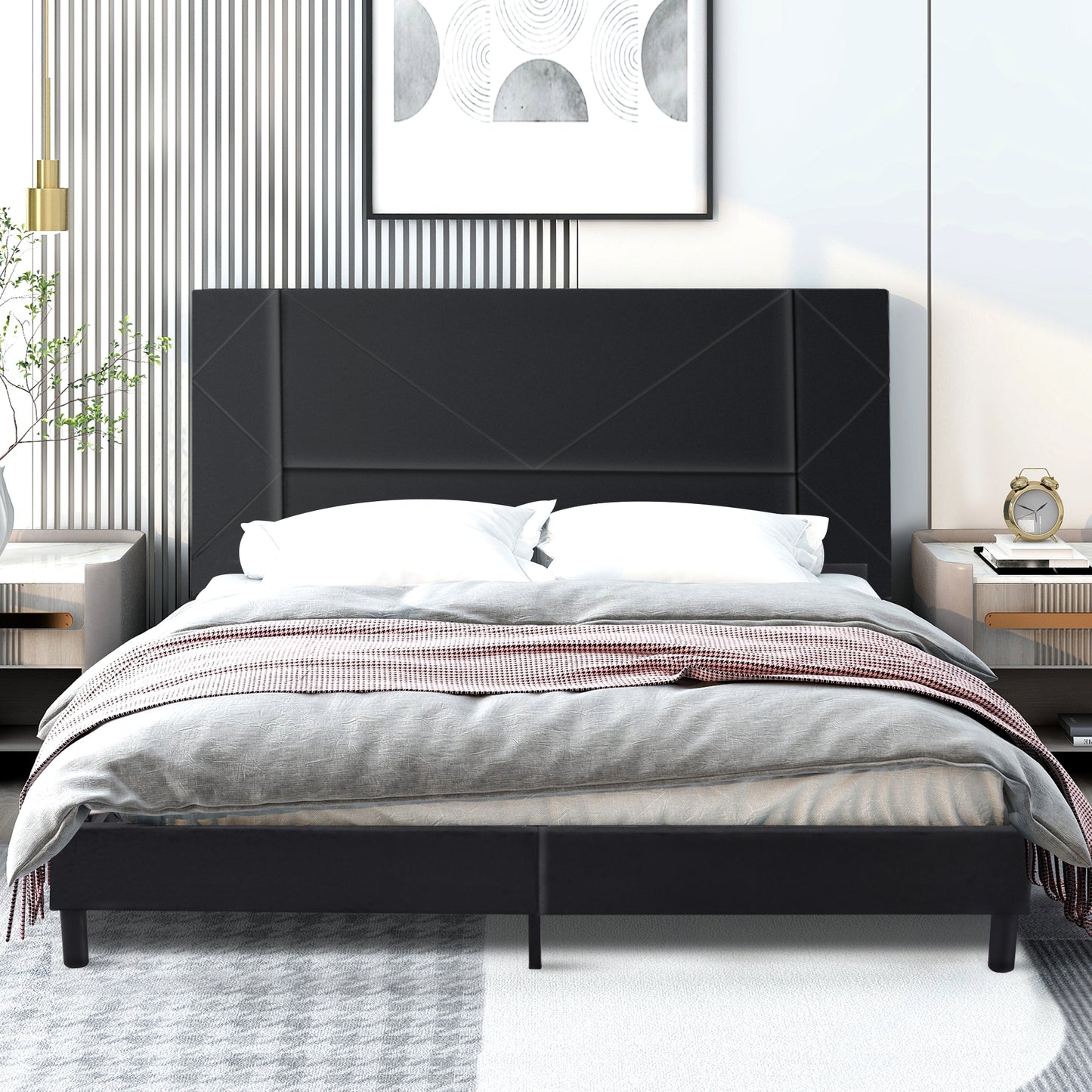 SYNGAR Full Size Platform Bed Frame with Linen Fabric Upholstered Button Tufted Headboard, Sturdy Sturdy Frame and Strong Wooden Slats, No Box Spring Needed, Gray