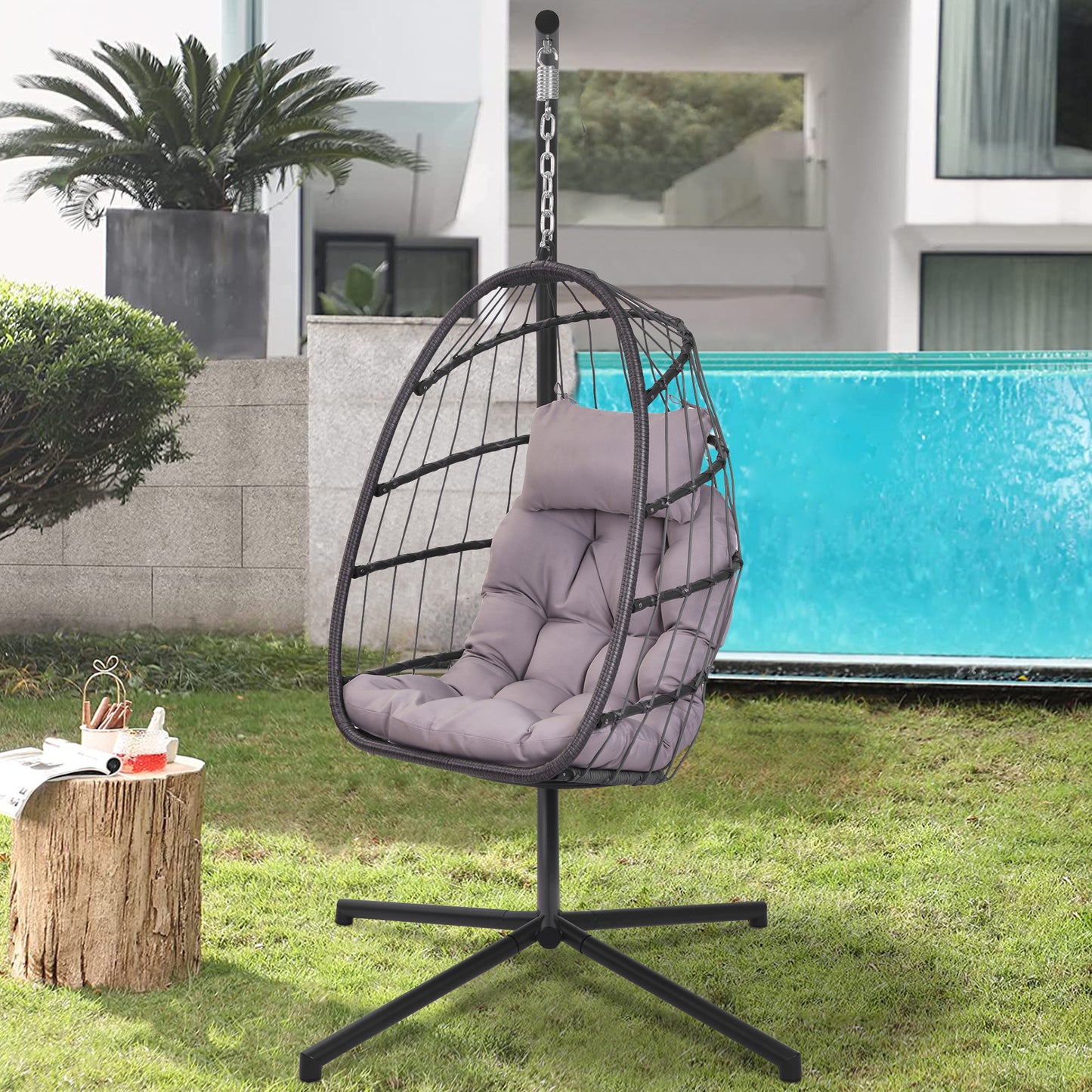 SYNGAR Egg Chair with Stand, Wicker Swing Chair, Patio Hammock Chair with Soft Cushion, Indoor Outdoor Balcony Bedroom Basket Hanging Lounge Chair, Heavy Duty Frame for 300 lbs Capacity, Red, Y024