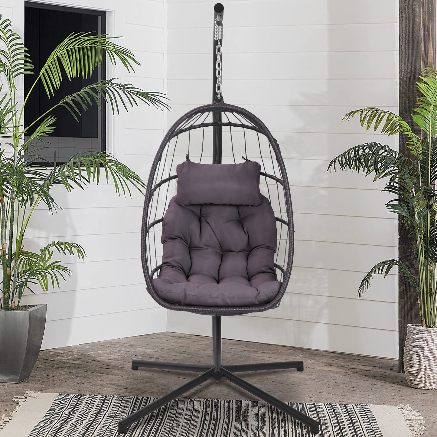 SYNGAR Hanging Egg Chair with Stand for Indoor/Outdoor, Patio Wicker Swing Chair with Seat Cushion & Pillow, Heavy Duty Hammock Basket Chair for Bedroom, Porch, Balcony, 300 lbs Capacity, Y025