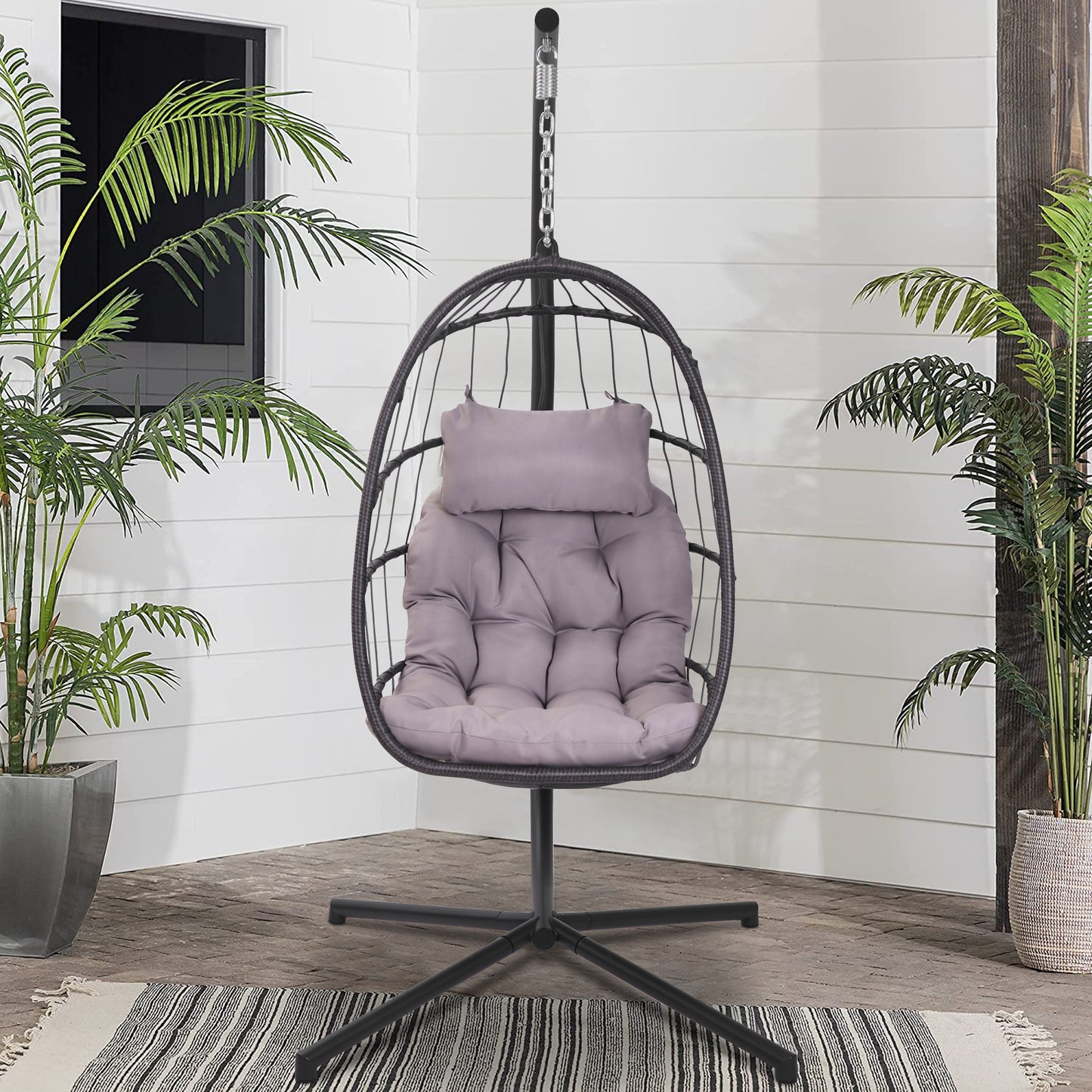 SYNGAR Egg Chair with Stand, Wicker Swing Chair, Patio Hammock Chair with Soft Cushion, Indoor Outdoor Balcony Bedroom Basket Hanging Lounge Chair, Heavy Duty Frame for 300 lbs Capacity, Red, Y024