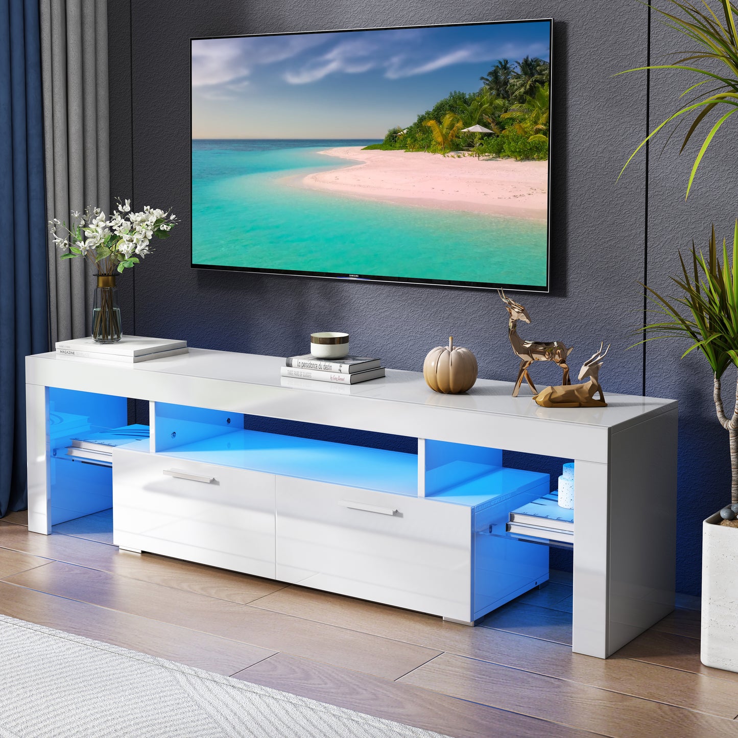White TV Stand for 70 inch TV, Modern High Glossy Television Table Stands TV Cabinet Console Table with 16 Colors LED Lights, TV Buffet Cabinet with Storage, Living Room Entertainment Center