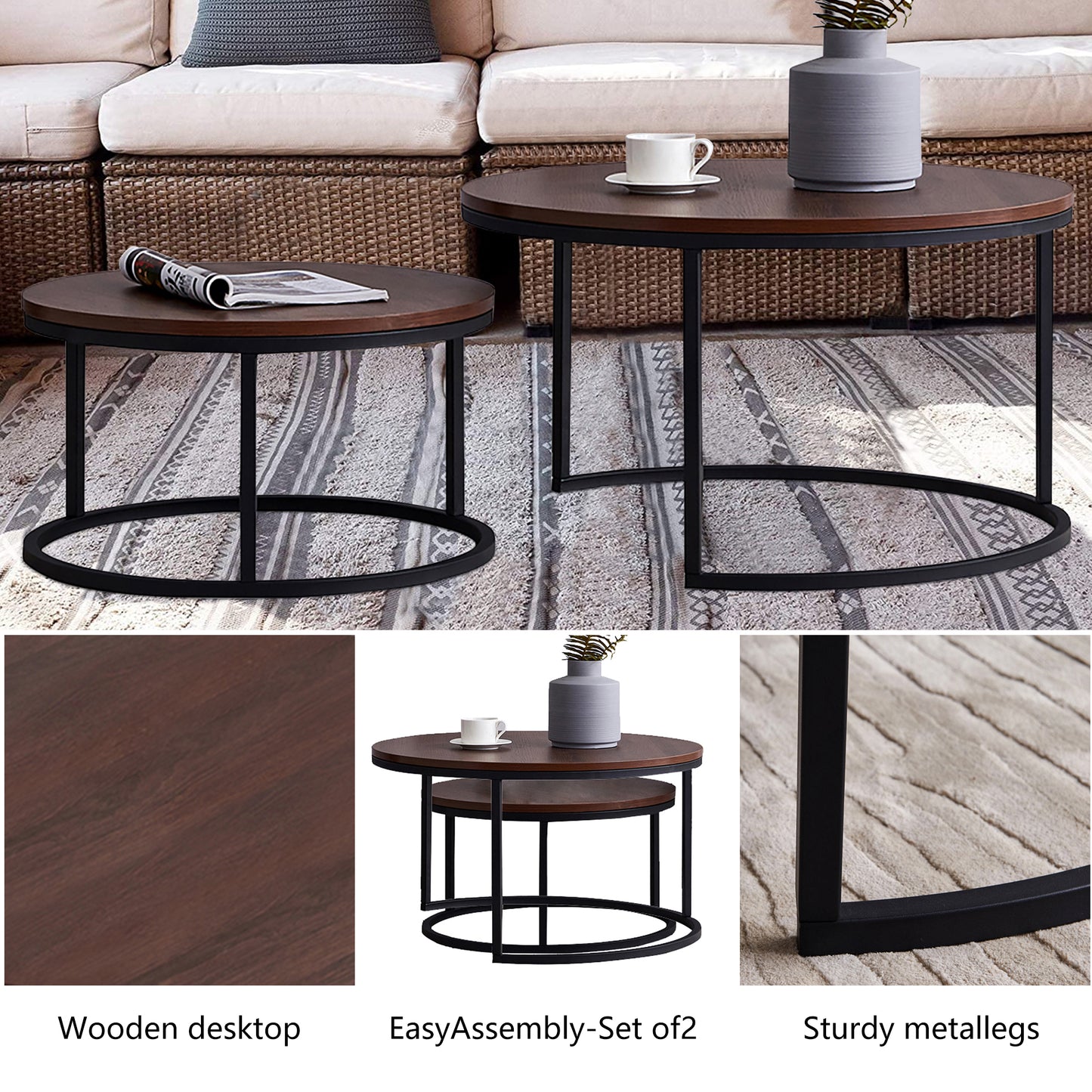 SYNGAR Round Modern Nesting Coffee Set of 2, Stacking Living Room Accent Tables with Industrial Wood Finish and Powder Coated Metal Frame, Walnut and Black