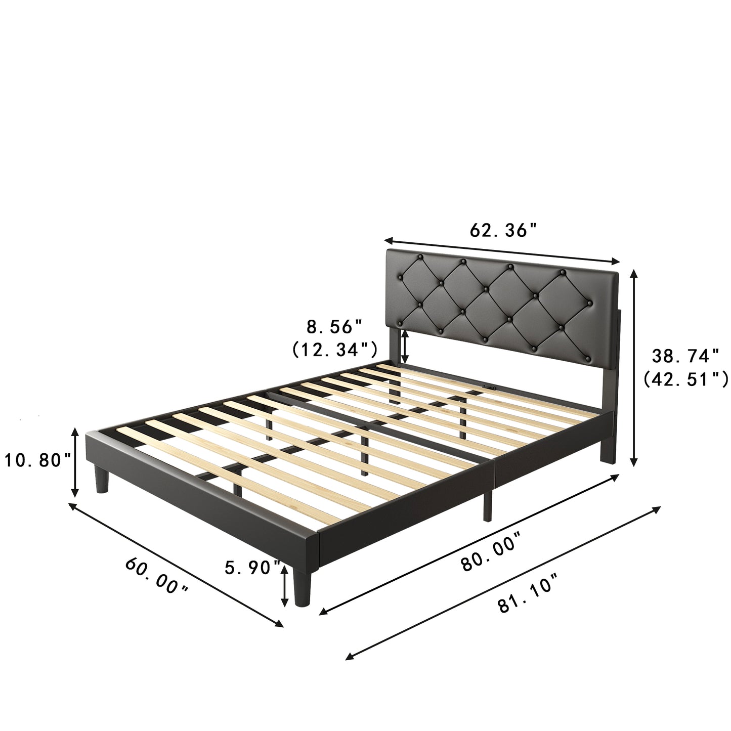 SYNGAR Faux Leather Upholstered Platform Bed Frame with Height Adjustable Headboard, Queen Size Metal Bed with Wood Support for Kids Teens Adults, No Box Spring Needed, 550LBS Load Capacity, Black