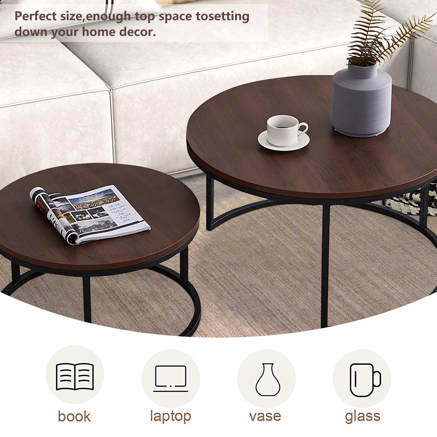 SYNGAR Round Modern Nesting Coffee Set of 2, Stacking Living Room Accent Tables with Industrial Wood Finish and Powder Coated Metal Frame, Walnut and Black
