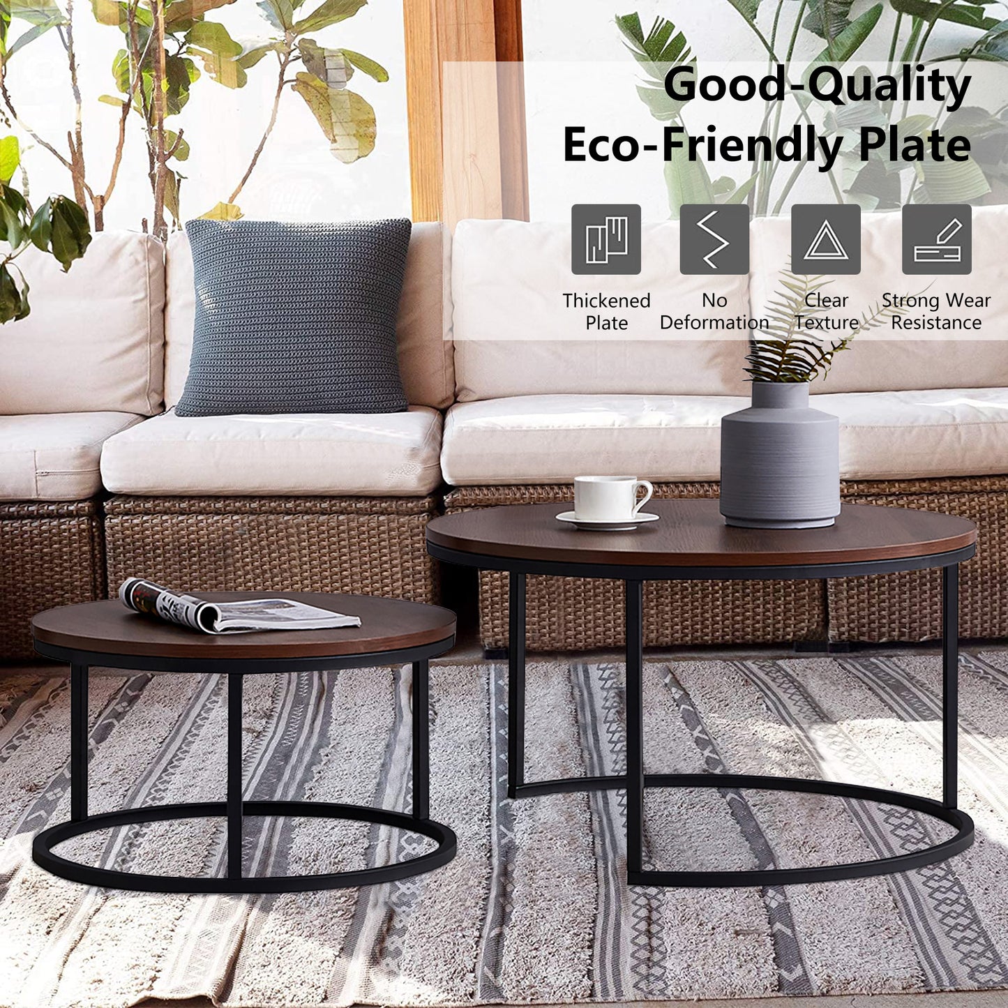 SYNGAR Round Modern Nesting Coffee Set of 2, Stacking Living Room Accent Tables with Industrial Wood Finish and Powder Coated Metal Frame, Walnut and Black