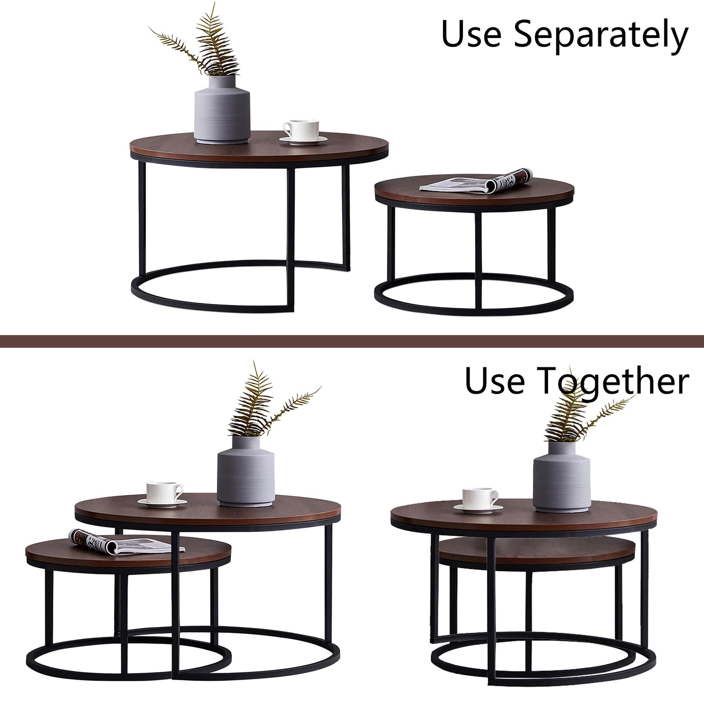 SYNGAR Round Modern Nesting Coffee Set of 2, Stacking Living Room Accent Tables with Industrial Wood Finish and Powder Coated Metal Frame, Walnut and Black