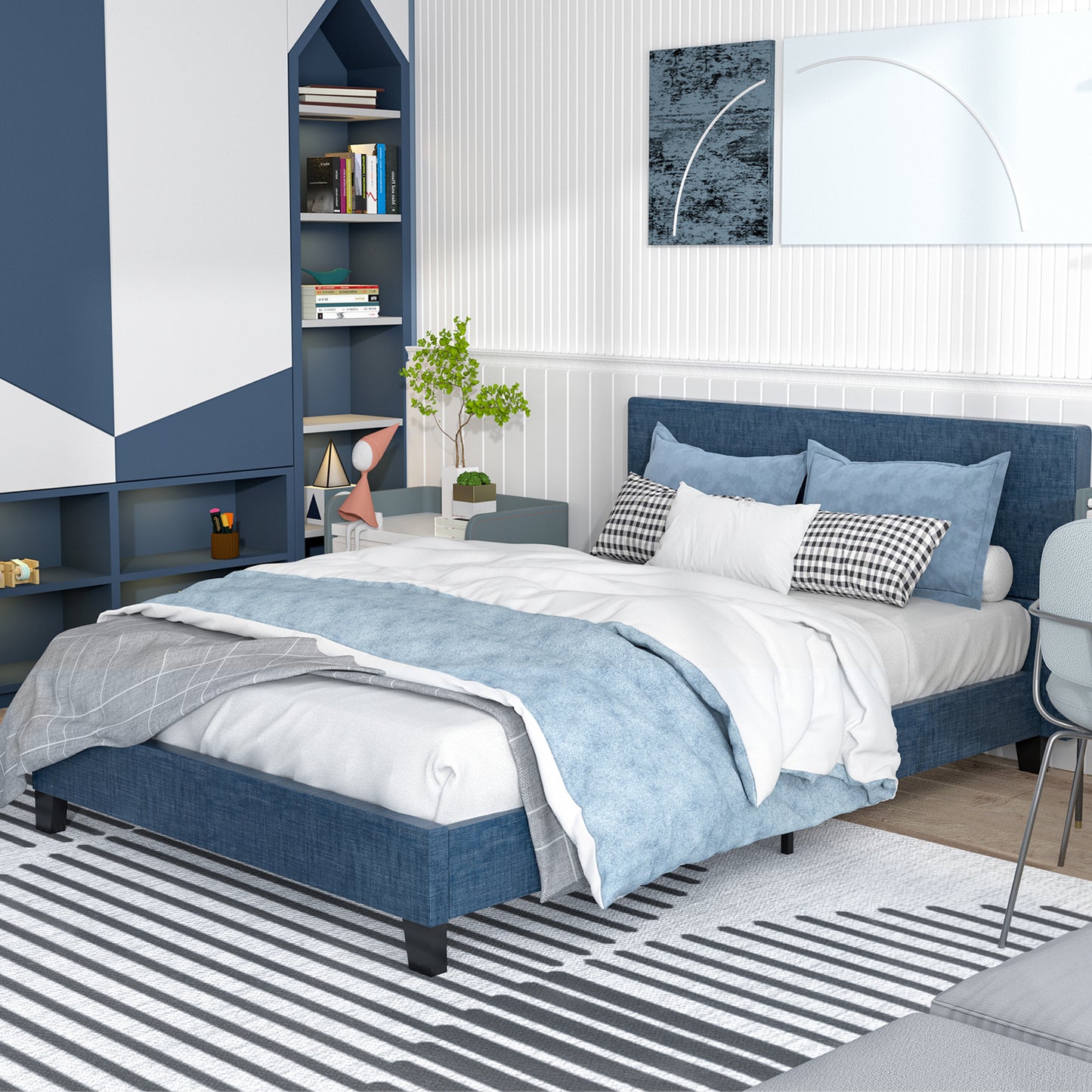 SYNGAR Dark Blue Fabric Upholstered Platform Bed Frame Full Size with Elegant Headboard, Wood Frame Bedroom Furniture with Strong Slat Support, No Box Spring Needed, Noise Free, Easy Assembly