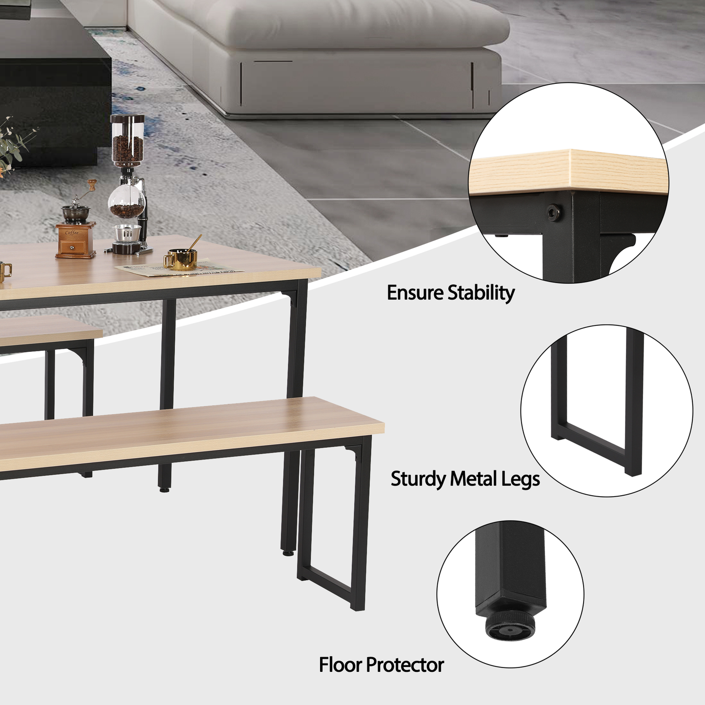 SYNGAR 3 Piece Kitchen Table Set, Modern Dining Set with 2 Benches, Home Dining Table Set for 4, Breakfast Table and Chairs Set, for Small Space, Kitchen, Dining Room, Restaurant, Beige, Y005