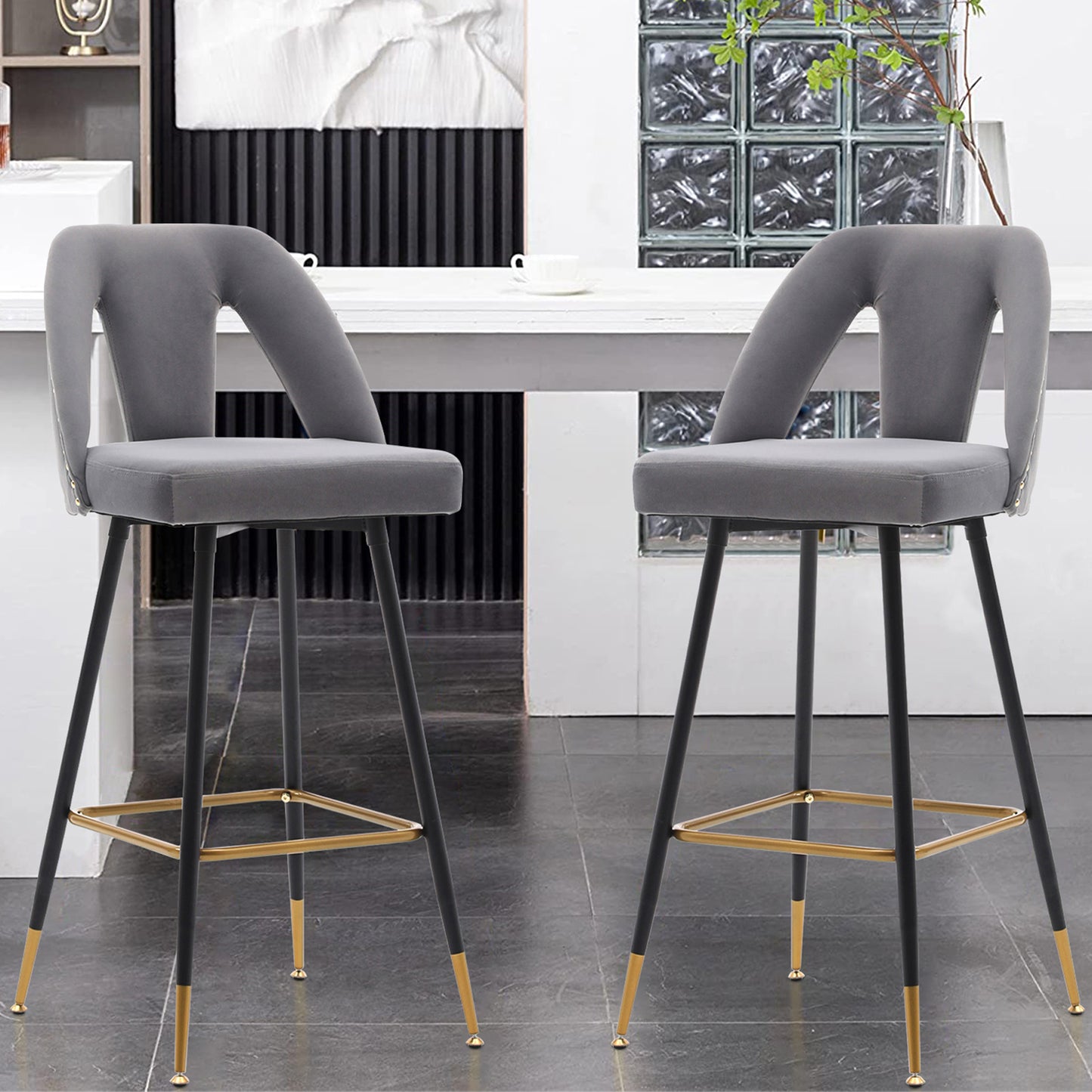 SYNGAR Modern Bar Chairs Set of 2, Contemporary Velvet Upholstered Bar Stools Tool and Counter Stools with Nailheads and Gold Tipped Black Metal Legs, Black Leisure Style Bar Chairs, Black