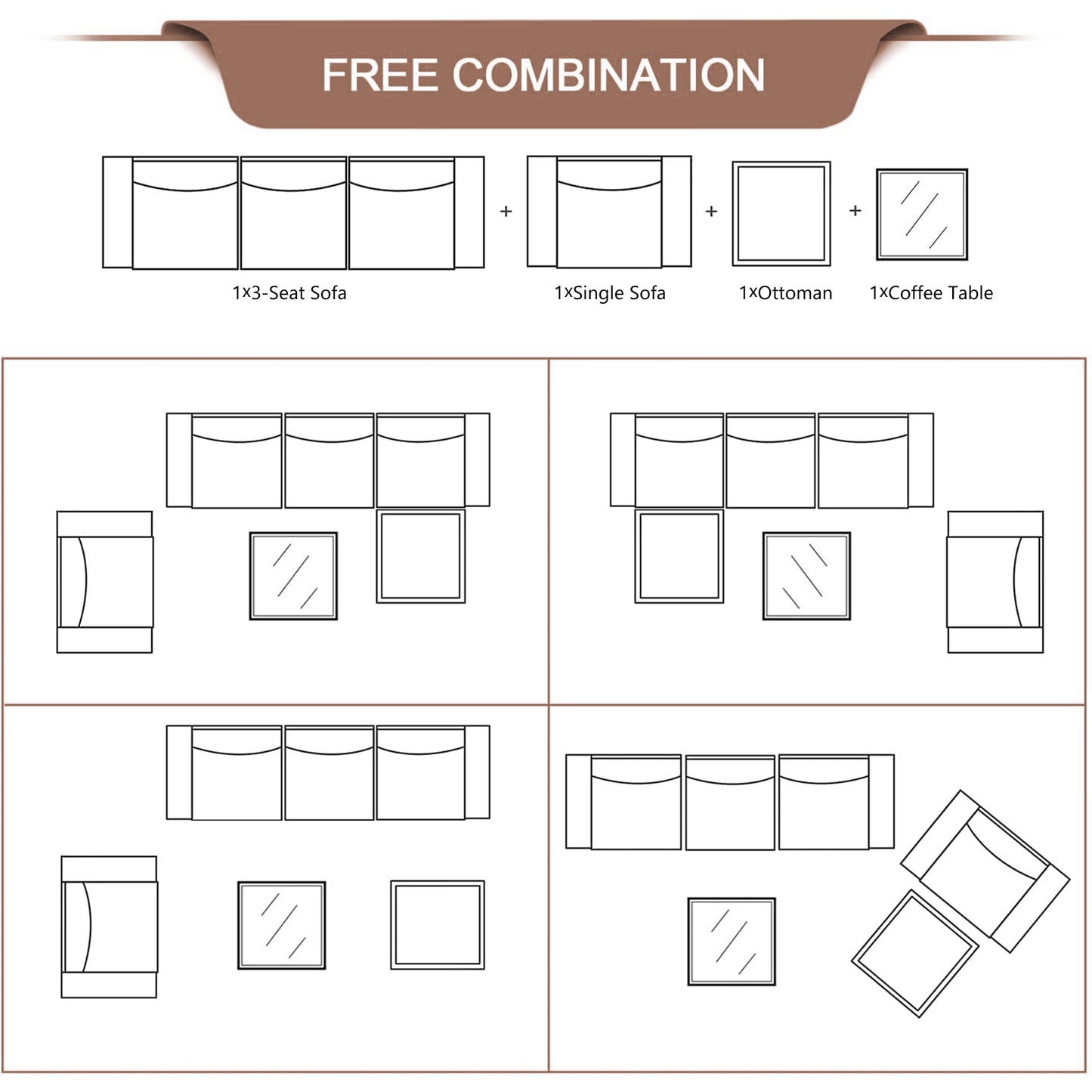 Rattan Patio Sofa Set, 4 Piece Outdoor Sectional Furniture Set, All-Weather PE Rattan Wicker Patio Conversation Set, Cushioned Sofa Set with Glass Table for Garden Pool Deck Porch, K2821