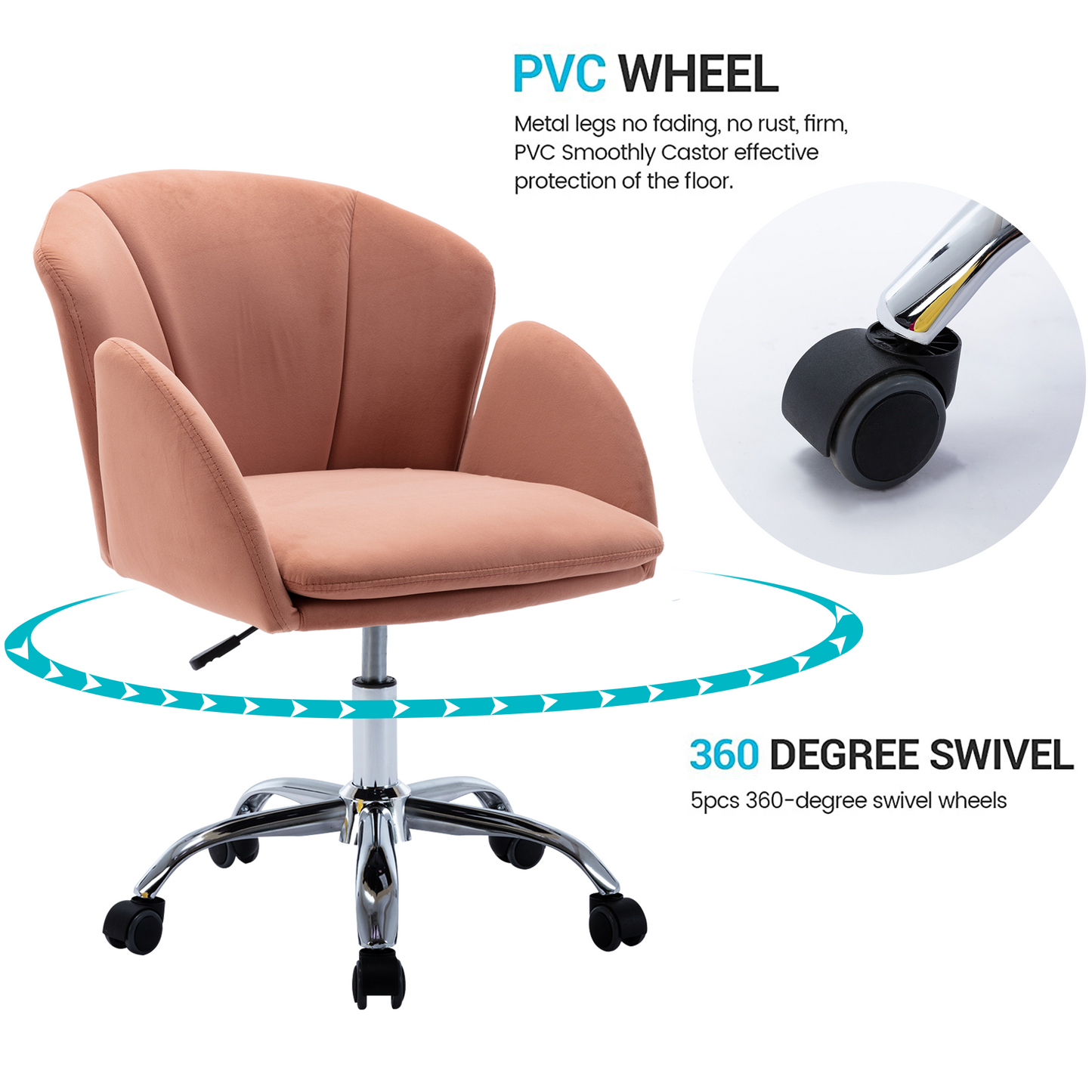 SYNGAR Tufted Vanity Chair with Wheels, 360° Swivel Upholstered Computer Task Chair, Upholstered Height Adjustable Home Office Chair, Velvet Accent Chair for Makeup Room Living Room Dorm Bedroom, K10