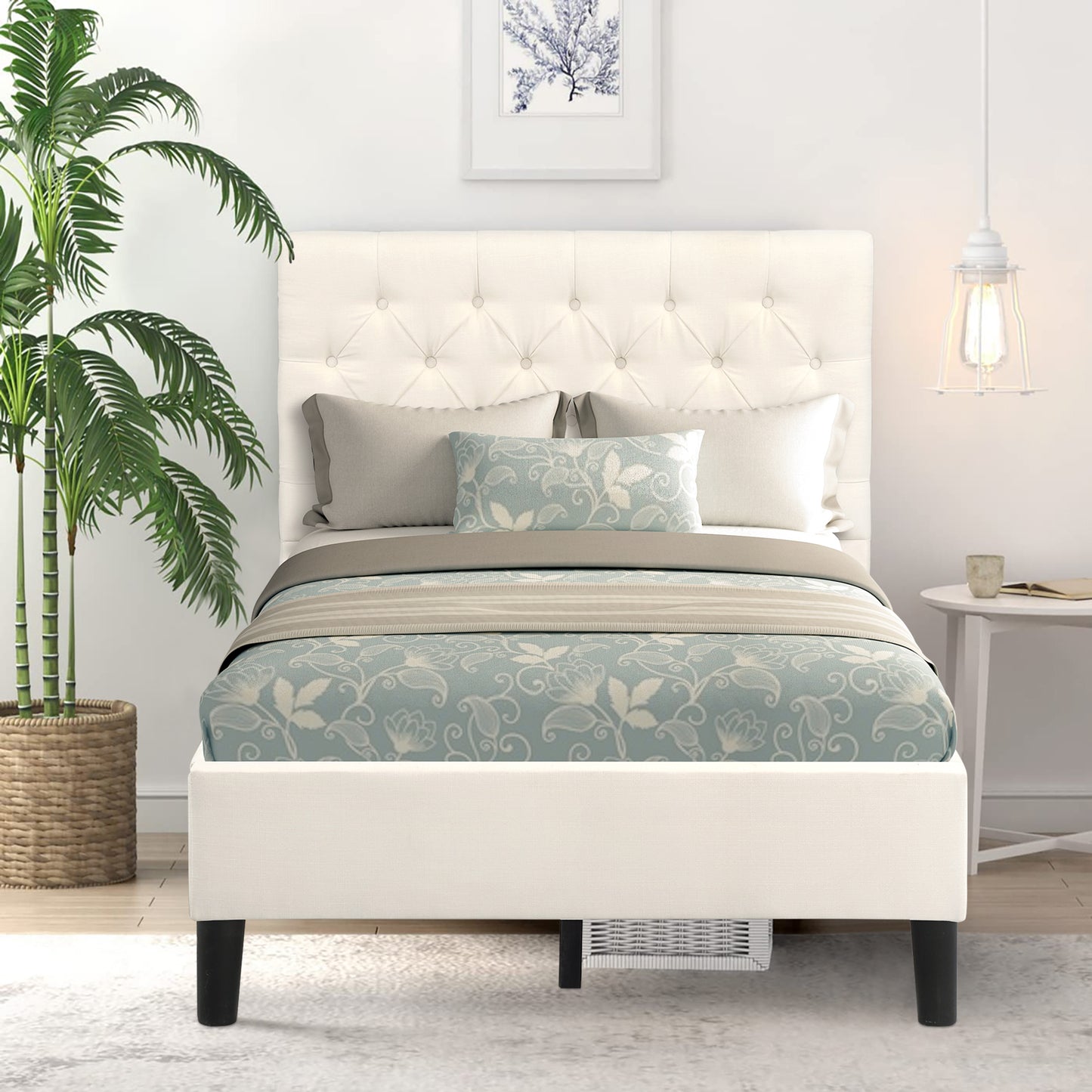 SYNGAR Gray Fabric Upholstered Platform Bed Frame Twin Size with Button Tufted Headboard, Wood Frame Mattress Foundation with Strong Wooden Slat Support, No Box Spring Needed, Easy Assembly
