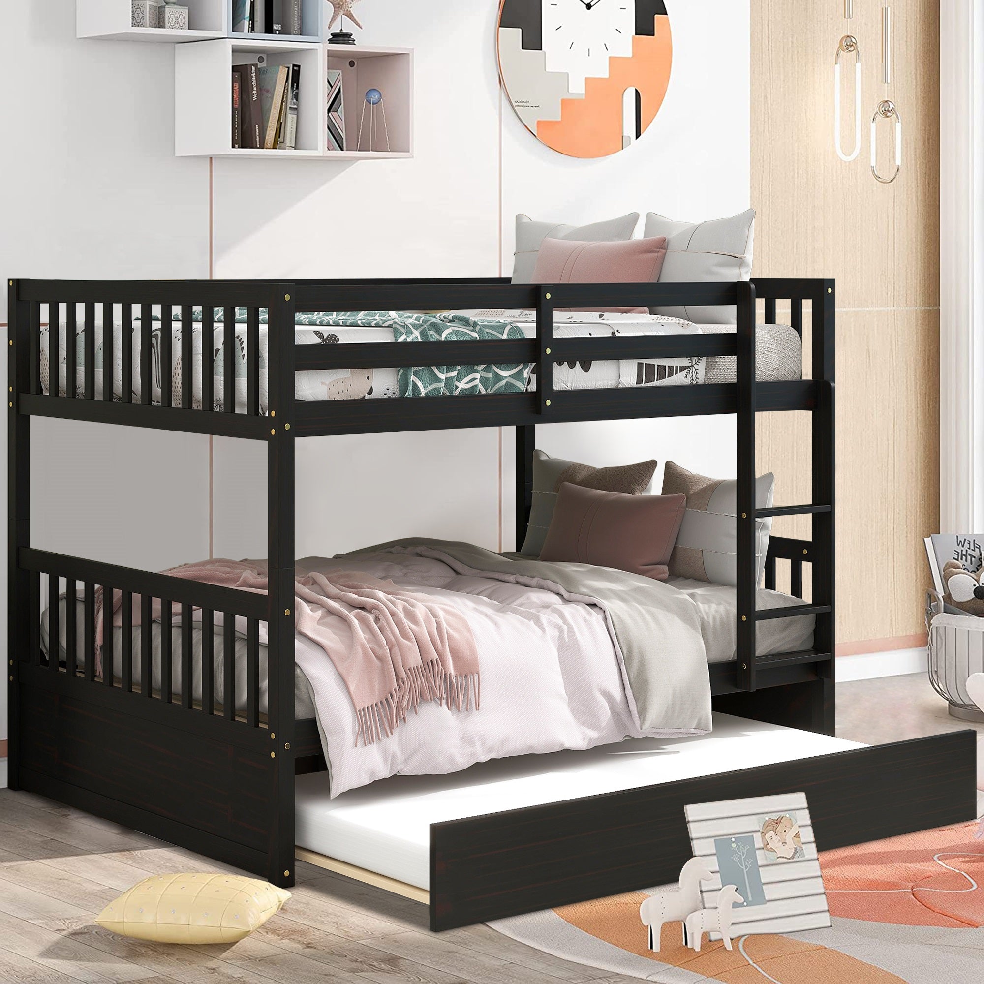 SYNGAR Espresso Bunk Bed with Trundle, Full Over Full Bunk Beds with L