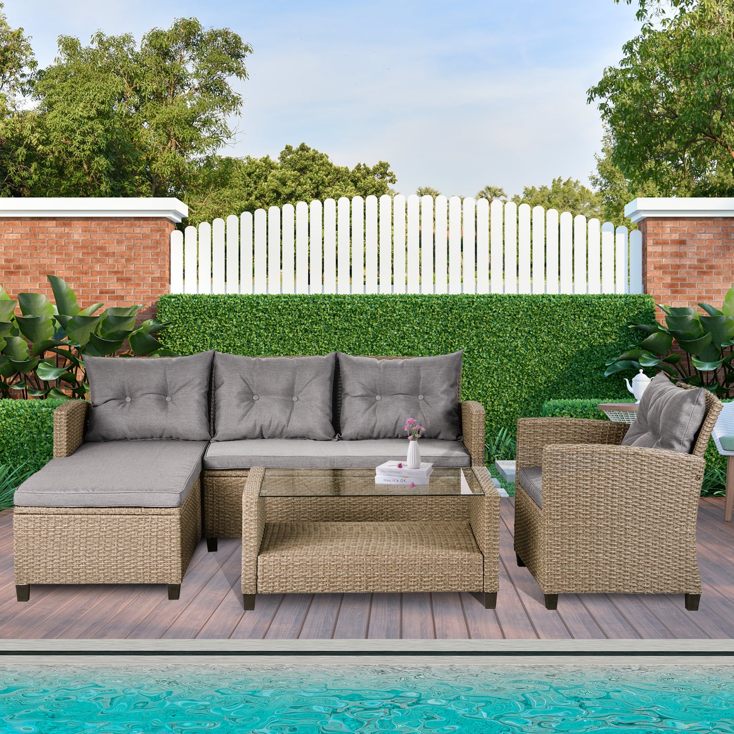 SYNGAR 4 Pieces Patio Furniture Sectional Set, Outdoor All-Weather Manual Weaving Wicker Conversation Set with Cushion & Table, Rattan Sectional Sofa Set, Yard Porch Deck Use Furniture Set, B630