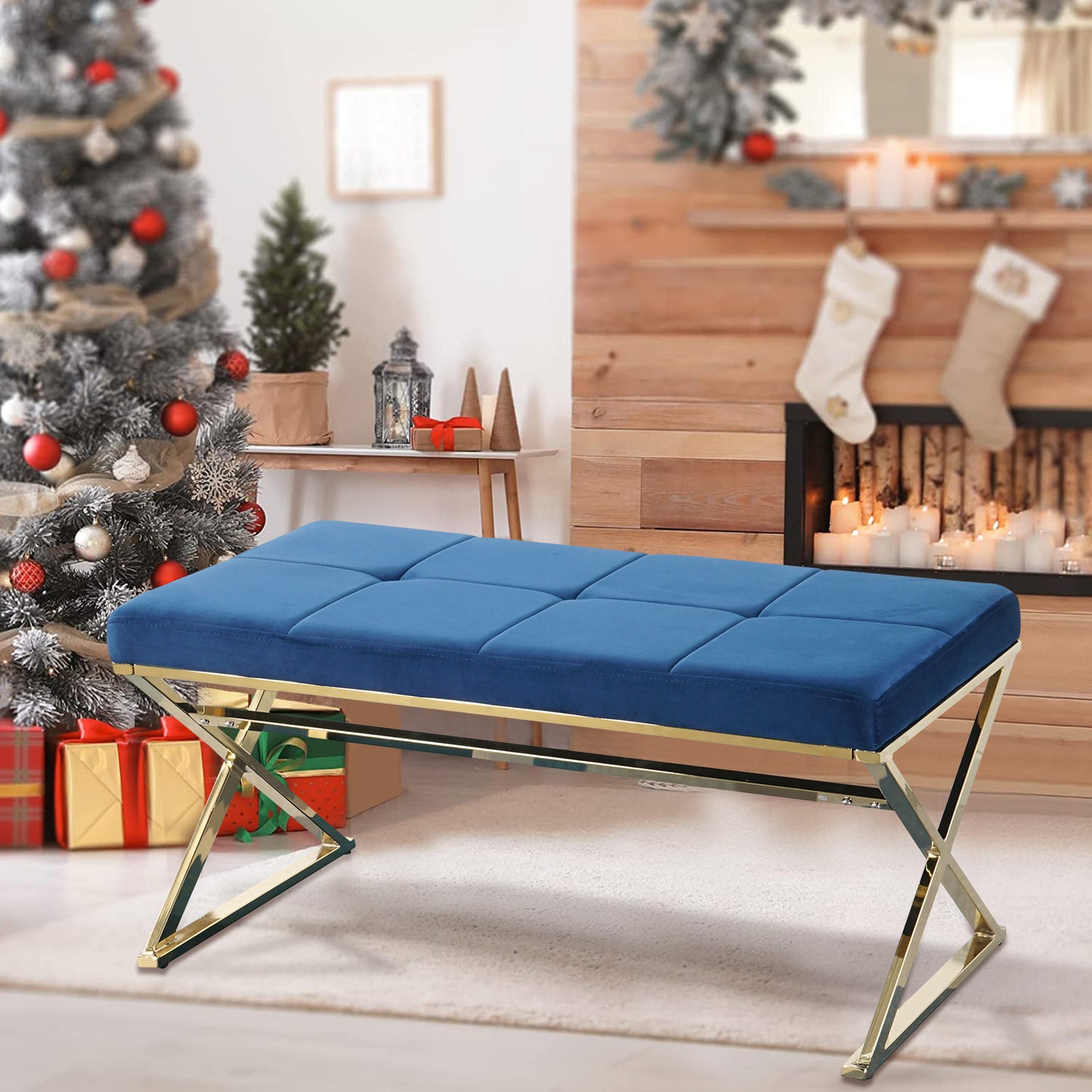 SYNGAR Upholstered Bedroom Bench, Modern Velvet Footstool Bench Seat for Living Room, Hallway, Entryway, Ottoman Bench with Gold Metal Legs, Blue
