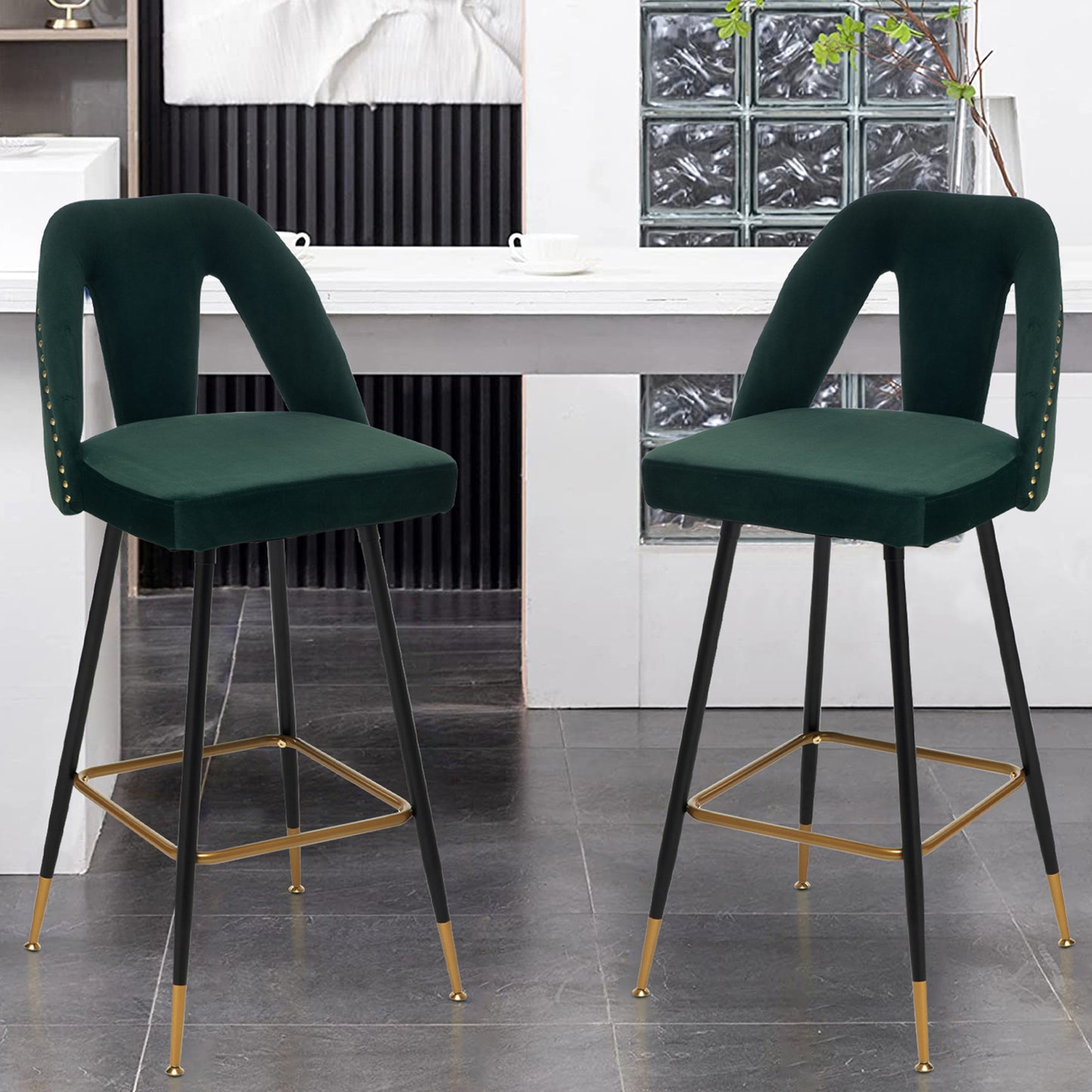SYNGAR Modern Bar Chairs Set of 2, Contemporary Velvet Upholstered Bar Stools Tool and Counter Stools with Nailheads and Gold Tipped Black Metal Legs, Black Leisure Style Bar Chairs, Black