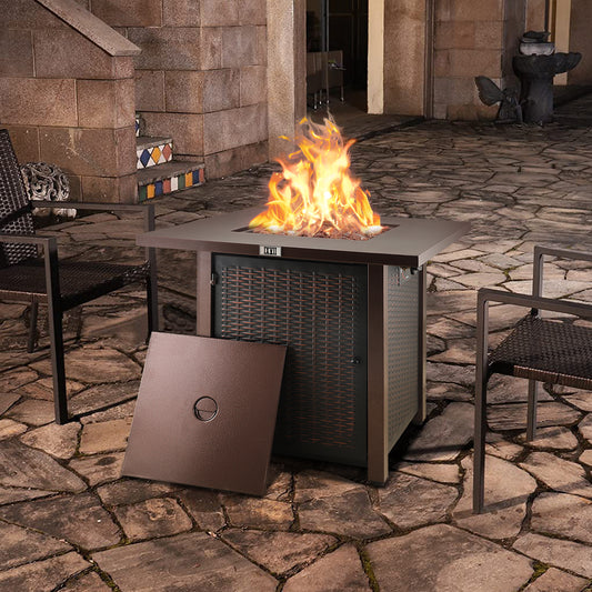 28 inch Outdoor Gas Fire Pit Table, 40,000 BTU Auto-Ignition Propane Fire Pit with Lid and Lava Rock, Outdoor 2-in-1 Propane Fire Pit Table, Table with Fire Pit, for Garden, Backyard, Patio, C09