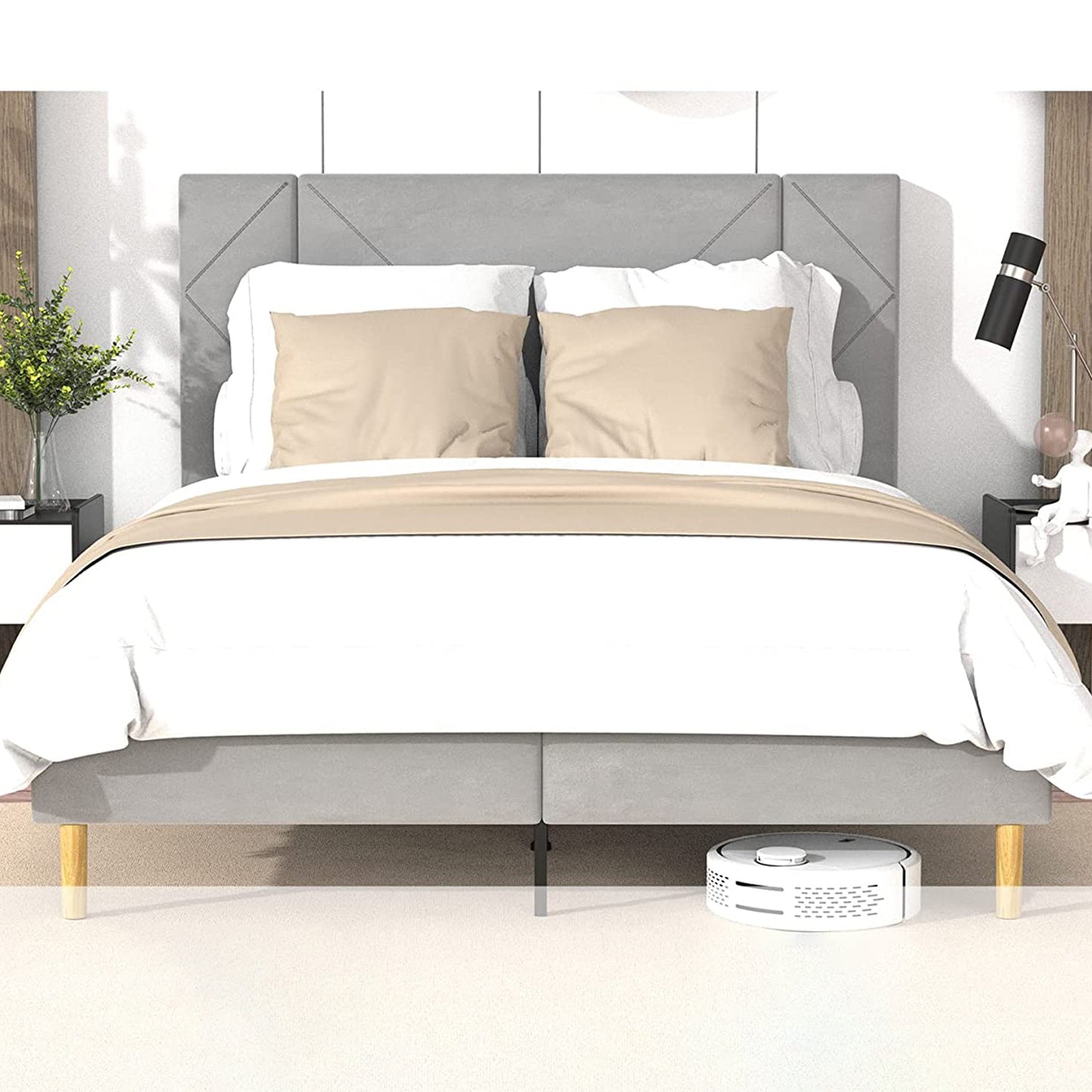 White Fabric Upholstered Platform Bed Frame Queen Size with Height Adjustable Headboard, Mattress Foundation with Strong Wooden Slat Support, No Box Spring Needed