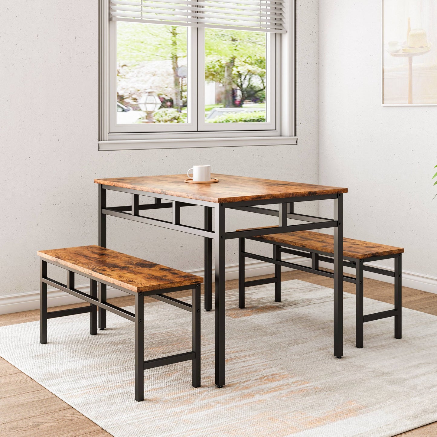 Dining Table with 2 Bench, Space Saving Dining Table Set, Modern Soho Dining Set with Metal Frame, Farmhouse Style Dining Room Furniture Set for 6 Persons, Easy Assembly for Kitchen Coffee Shop, B1187