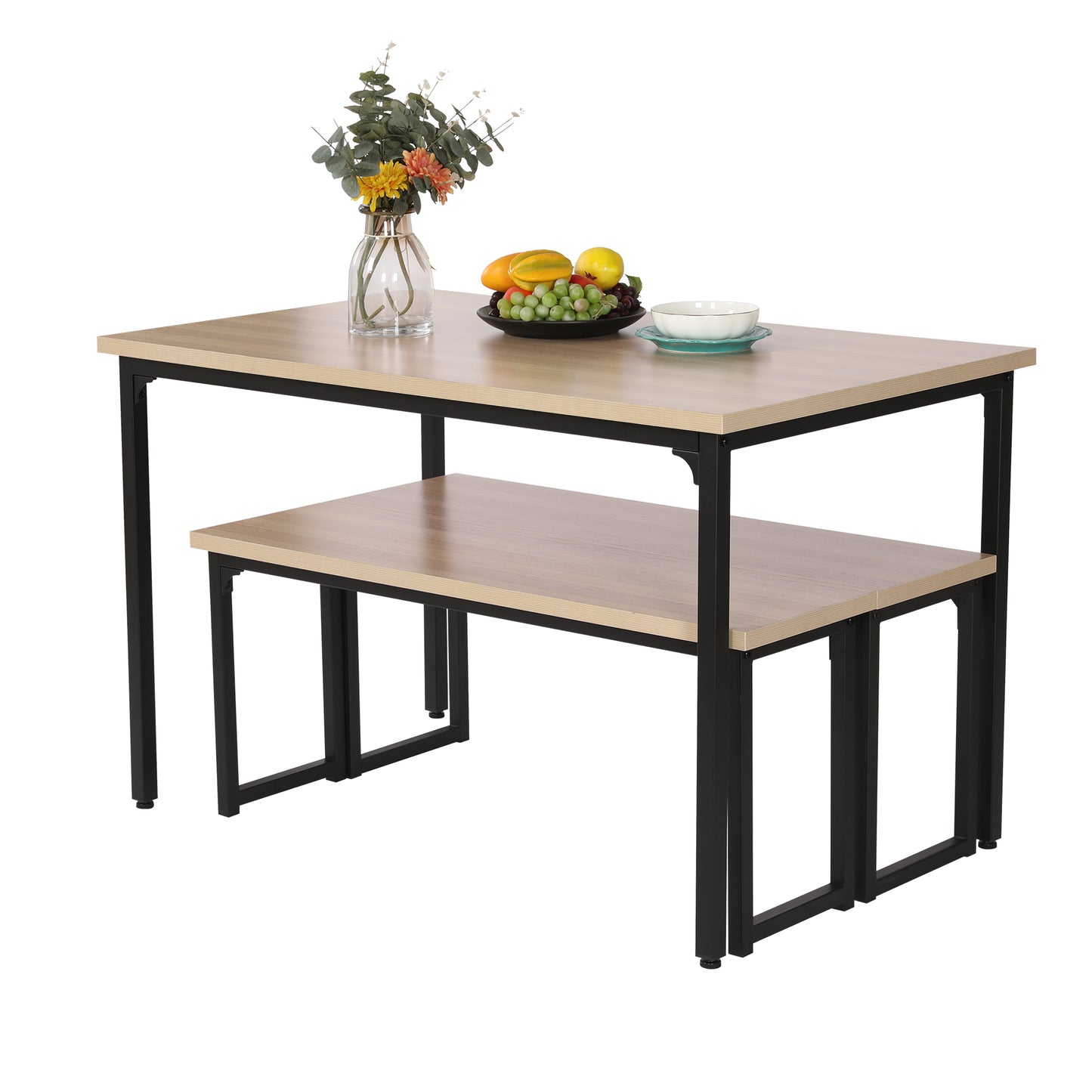 SYNGAR 3 Piece Kitchen Table Set, Modern Dining Set with 2 Benches, Home Dining Table Set for 4, Breakfast Table and Chairs Set, for Small Space, Kitchen, Dining Room, Restaurant, Beige, Y005