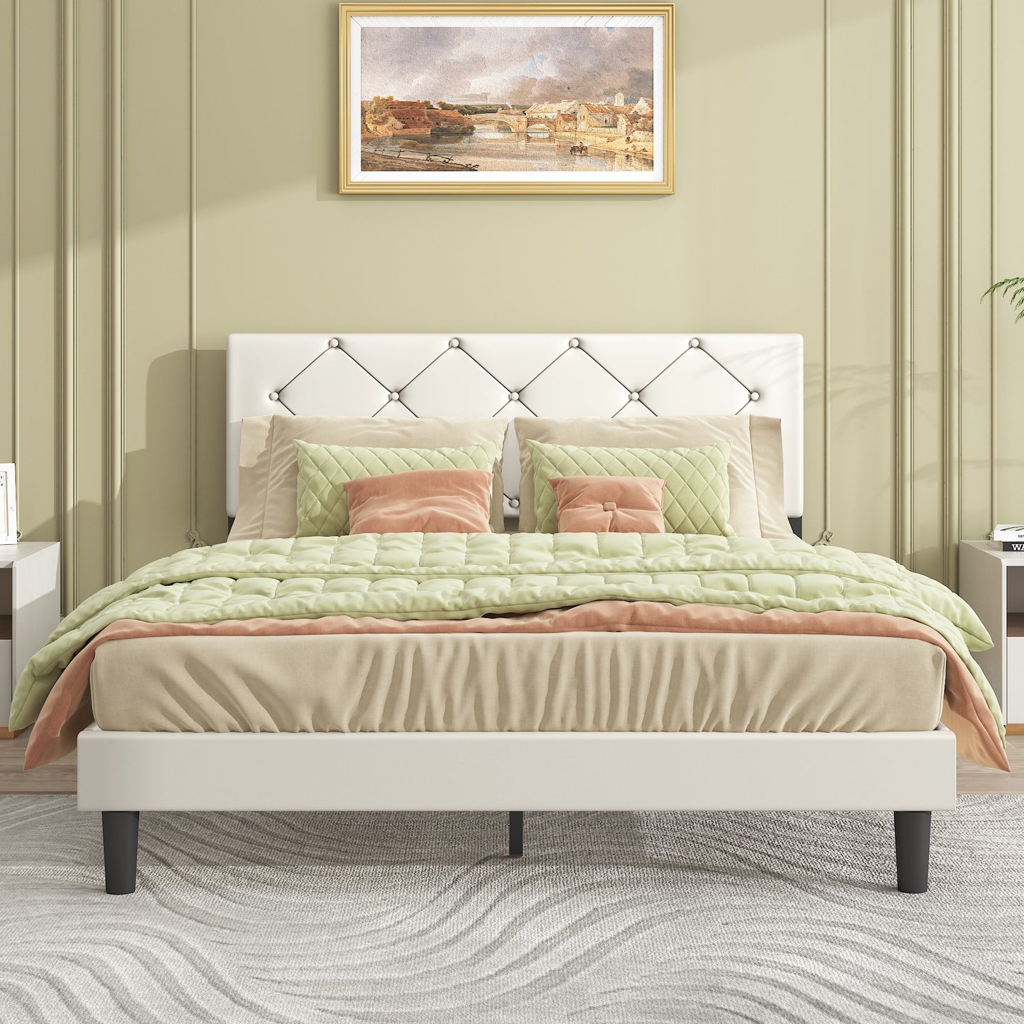 SYNGAR Queen Size Fabric Upholstered Platform Bed Frame with Rivet Wingback Headboard, Mattress Foundation, Metal Frame, Strong Wood Slat Support for Kids Teens Adults, No Box Spring Needed, Beige