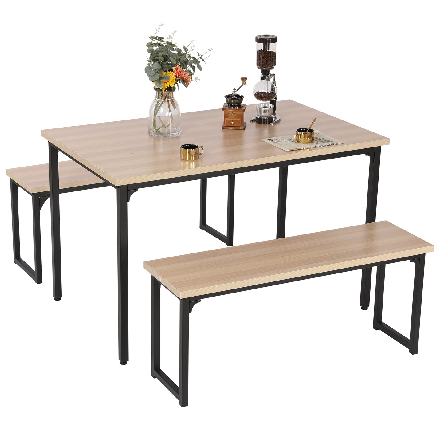 SYNGAR 3 Piece Kitchen Table Set, Modern Dining Set with 2 Benches, Home Dining Table Set for 4, Breakfast Table and Chairs Set, for Small Space, Kitchen, Dining Room, Restaurant, Beige, Y005