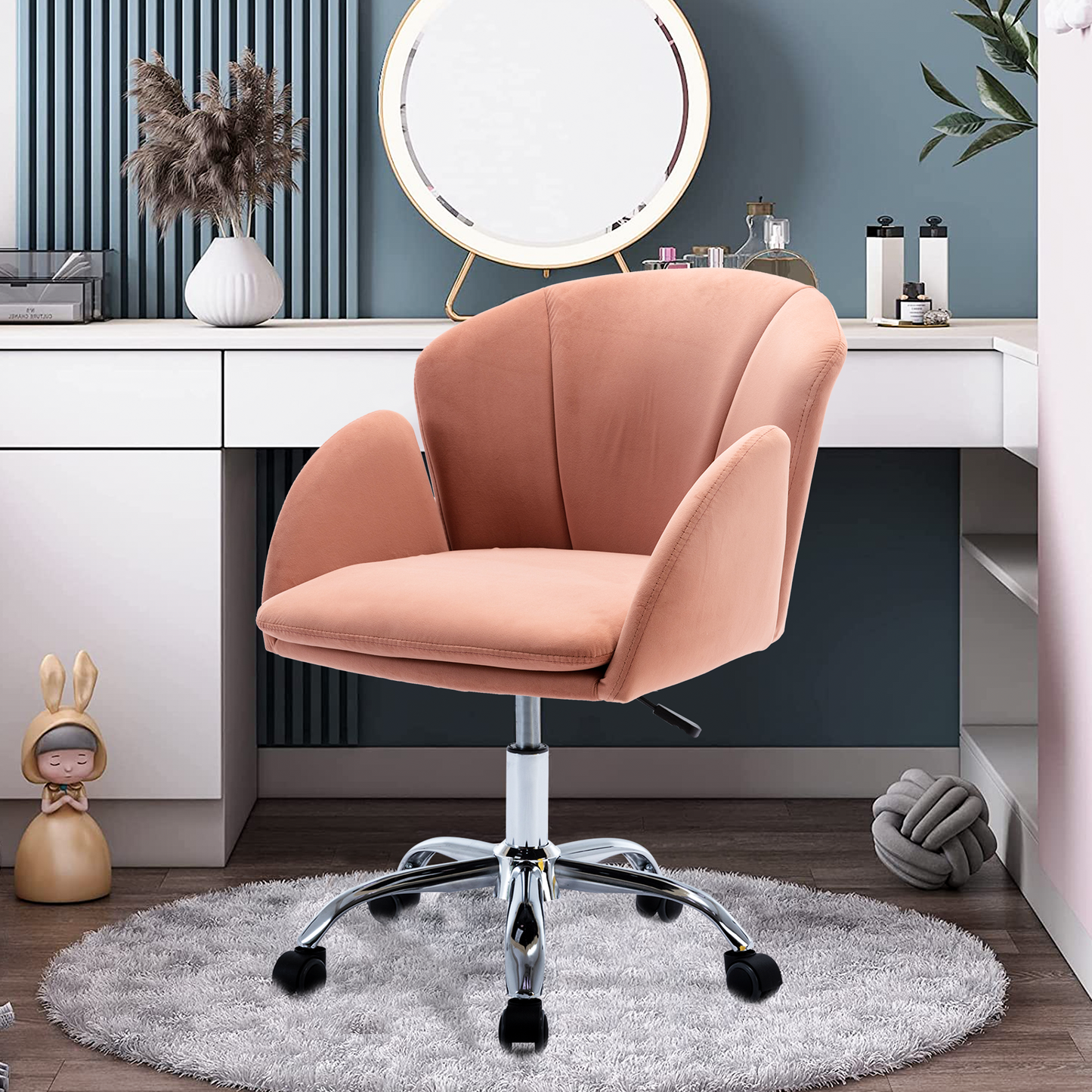 Velvet Accent Chair for Living Room, Height Adjustable Vanity Chair for Bedroom, Modern Upholstered Leisure Arm Chair for Makeup Study Bedroom, Mid-Century Task Chair with Metal Legs, K08