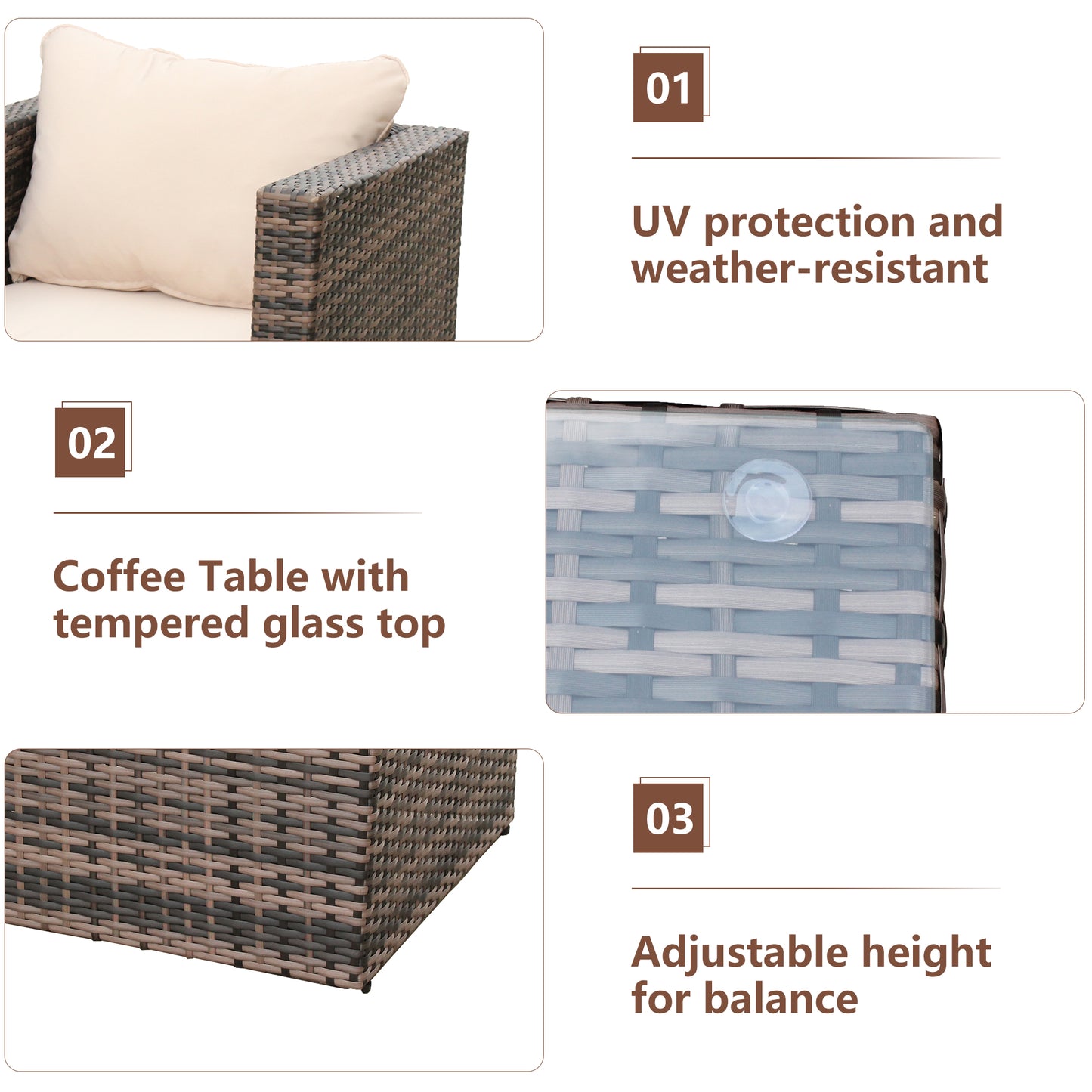 Rattan Patio Sofa Set, 4 Piece Outdoor Sectional Furniture Set, All-Weather PE Rattan Wicker Patio Conversation Set, Cushioned Sofa Set with Glass Table for Garden Pool Deck Porch, K2821