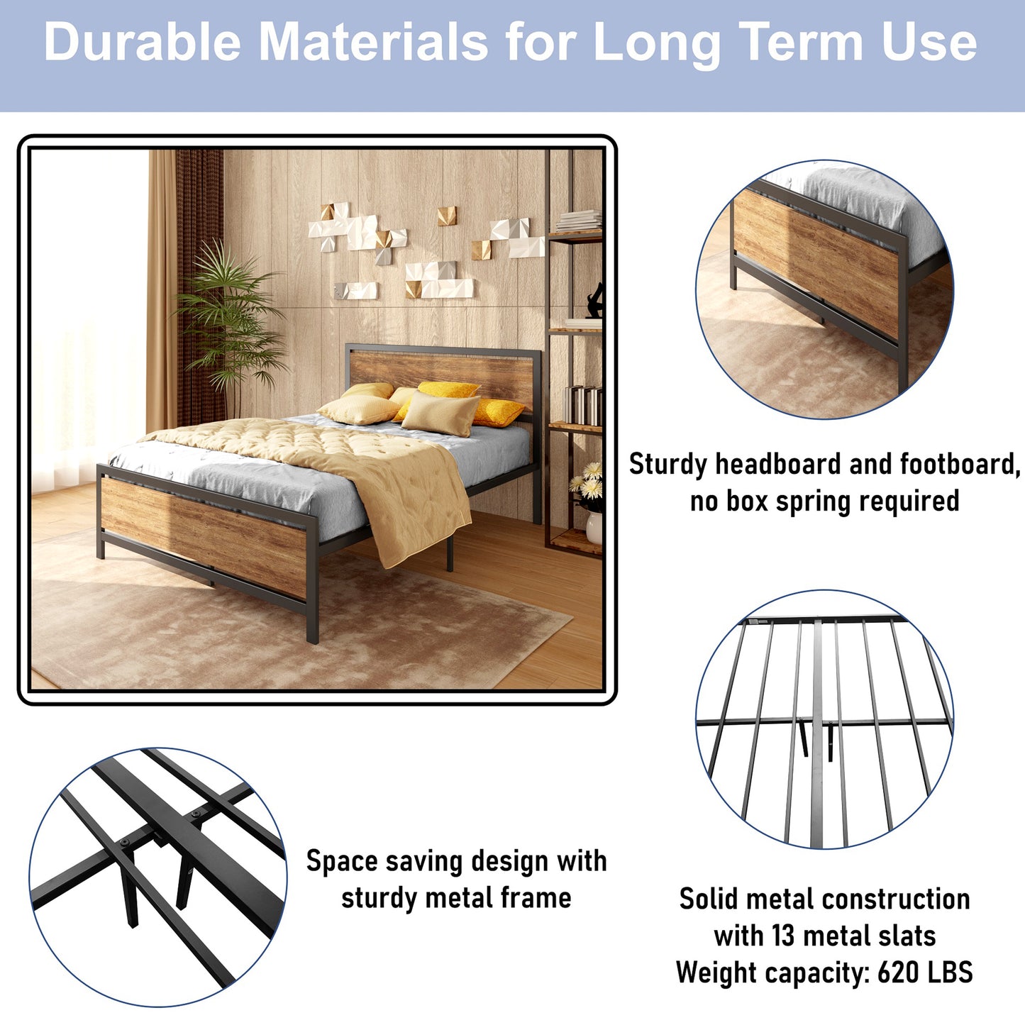 Queen Bed Frame, Metal Bed Frame No Box Spring Needed, Queen Platform Bed Frame with Headboard and Footboard, Black