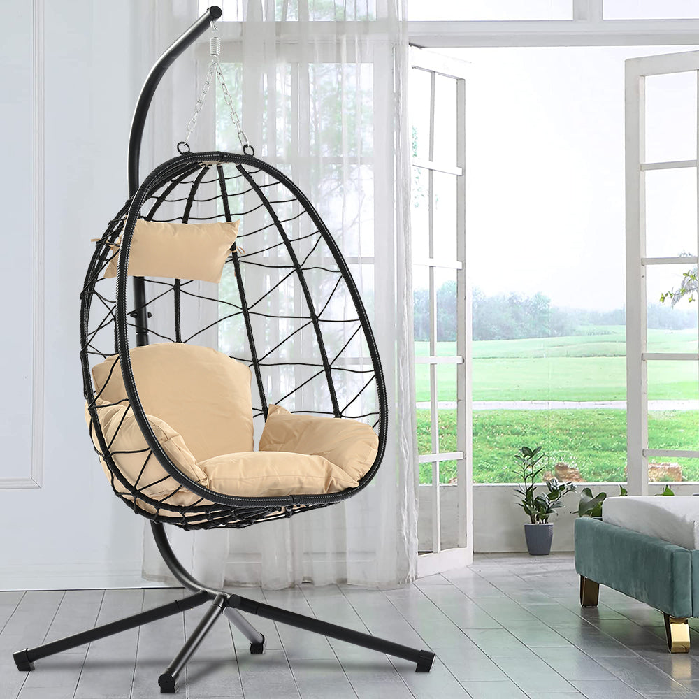 SYNGAR Hanging Egg Chair with Stand for Indoor/Outdoor, Patio Wicker Swing Chair with Seat Cushion & Pillow, Heavy Duty Hammock Basket Chair for Bedroom, Porch, Balcony, 300 lbs Capacity, Y025