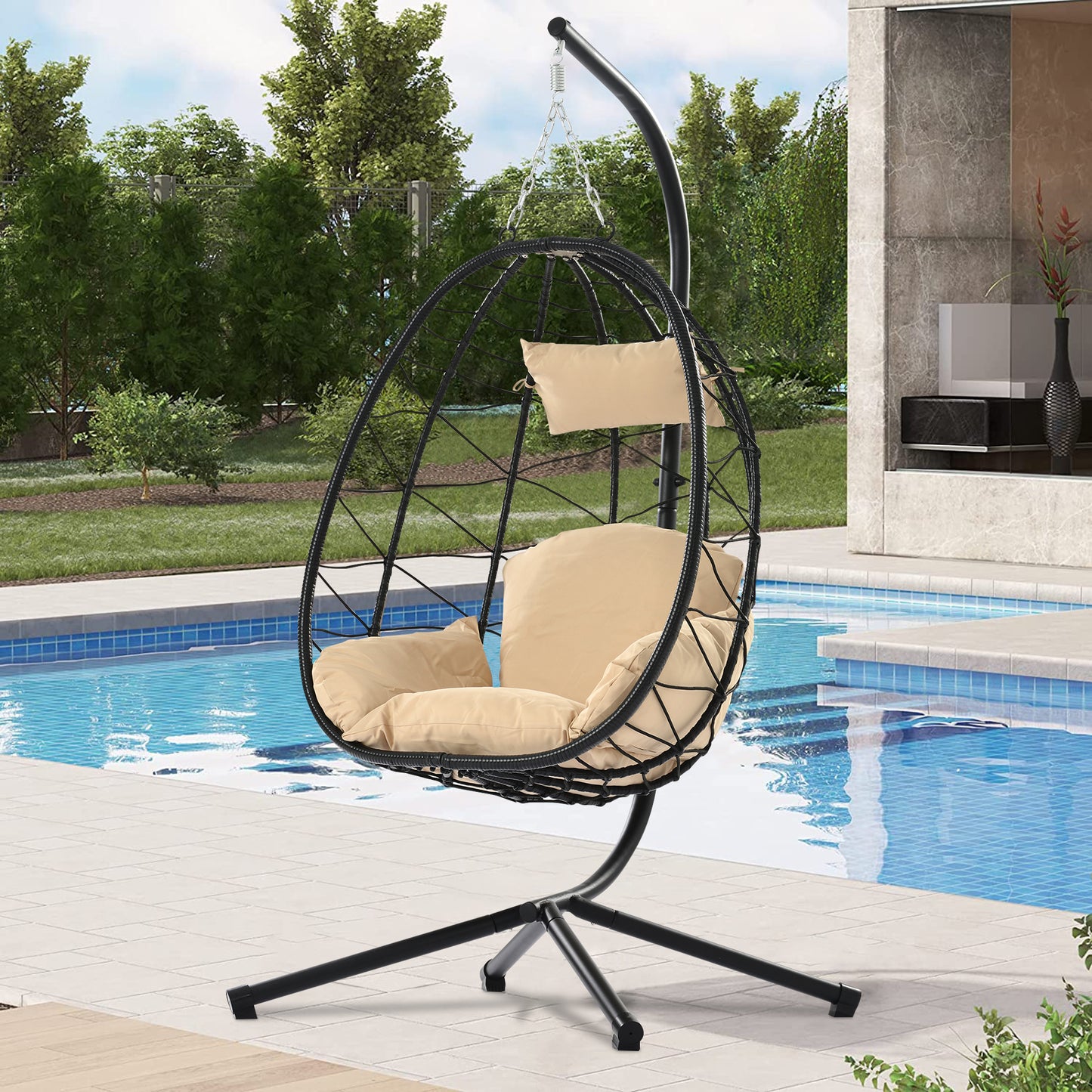 SYNGAR Hanging Egg Chair, Swing Chair with Steel Hammock Stand Set, Hammock Chair with Soft Seat Cushion, Multifunctional Hanging Chairs for Outdoor Indoor Bedroom, Light Blue