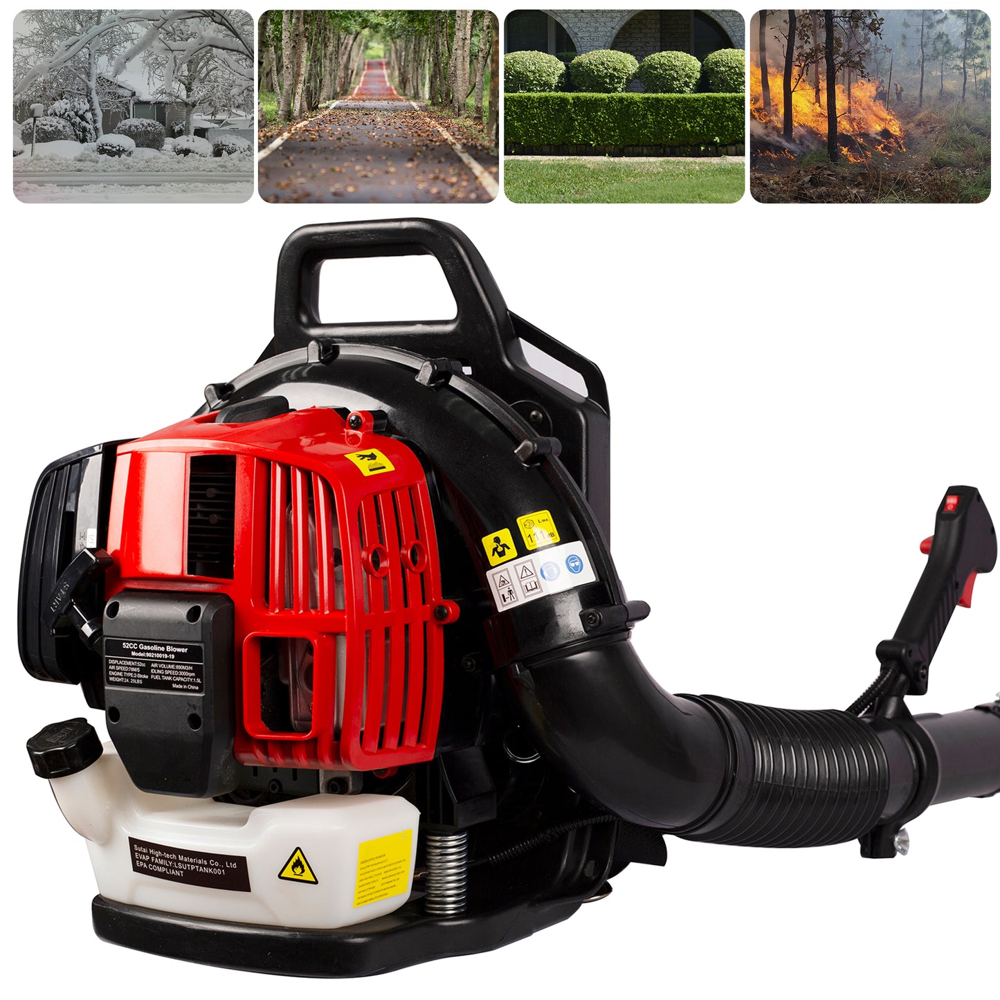 SYNGAR Gas Backpack Leaf Blower, 52CC 2-Cycle Leaf Blower Snow Blower with Extended Tube for Lawn Care Yard Snow Blowing Dust, Black & Red