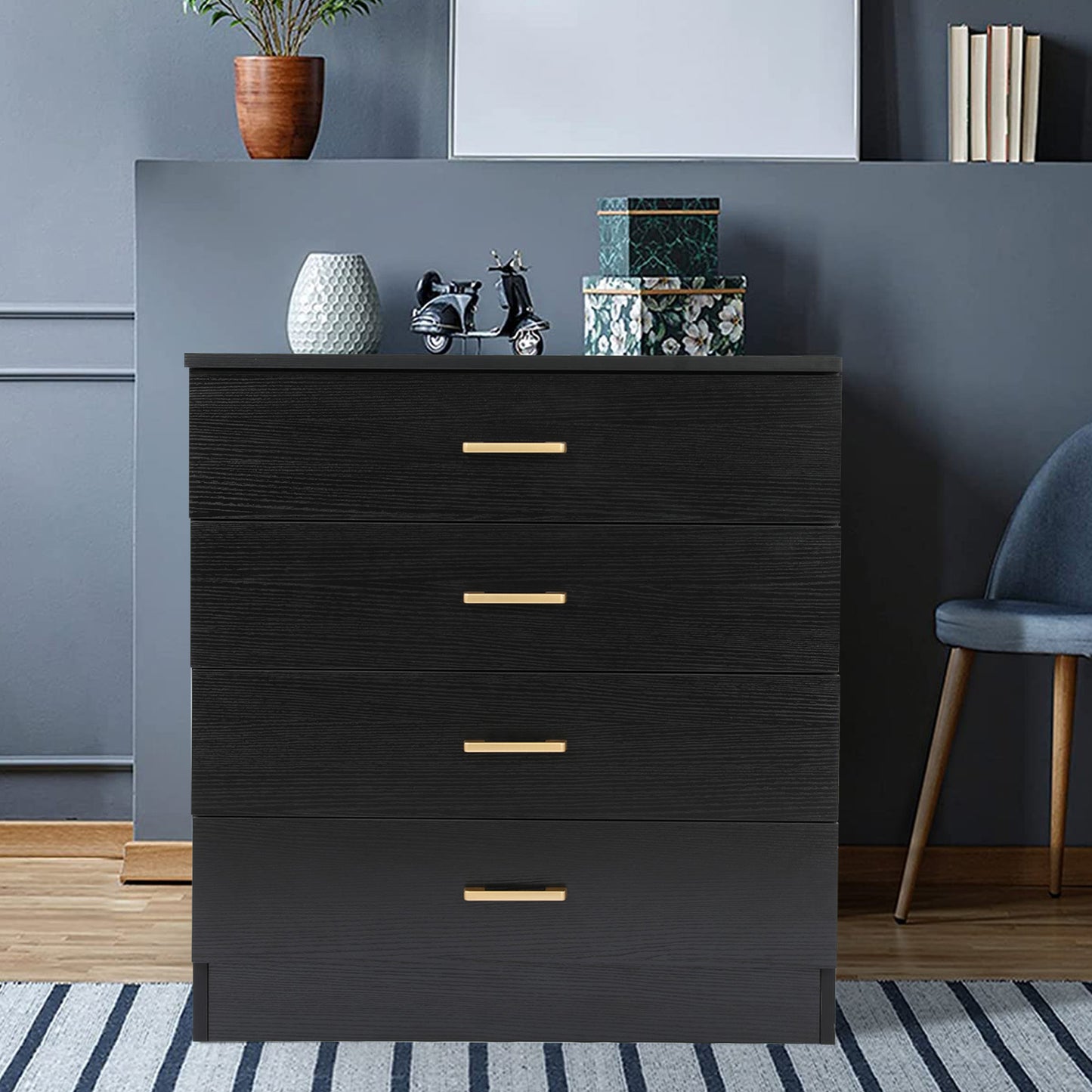 SYNGAR Black 4 Drawer Dresser, Chest of Drawers for Bedroom, Modern Storage Cabinet Dresser Organizer Unit with Handle for Living Room, Closet, Hallway, Nursery