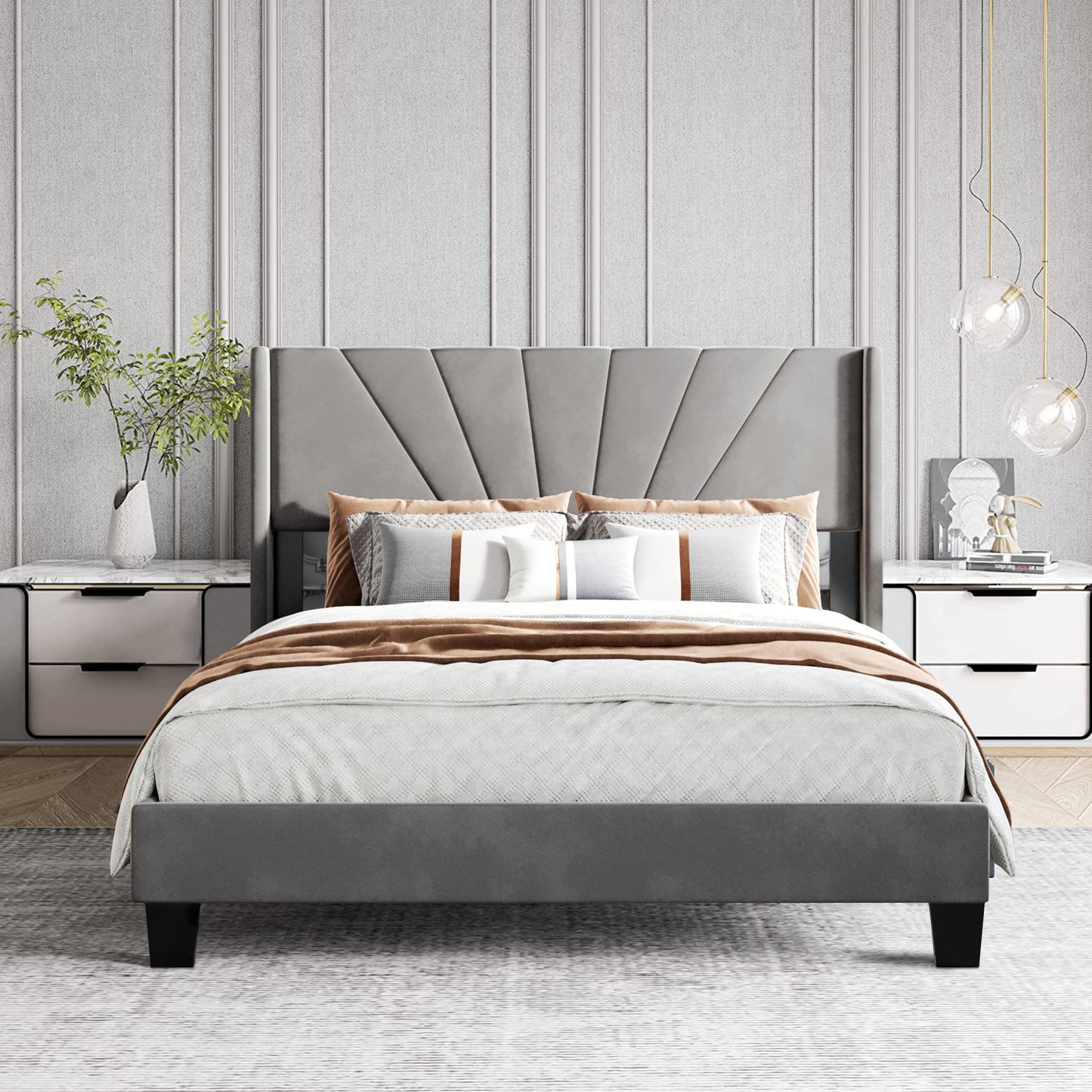 Syngar Velvet Upholstered Platform Bed Frame with Headboard, Queen Size Bed for Kids Teens Adults, Box Spring Needed, 500 LBS Load Capacity, Beige