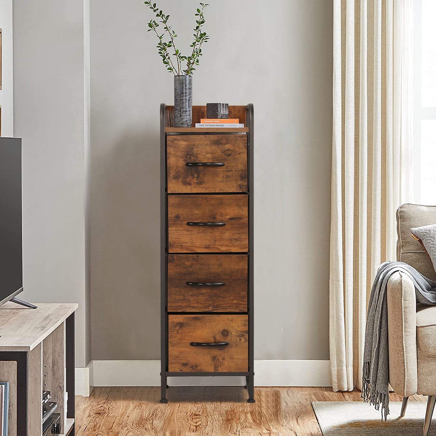 Rustic Brown 4 Drawer Dresser, Small Fabric Storage Tower with Wooden Tabletop, Dressers and Chests of Drawers, Organizer Unit for Bedroom, Living Room, Hallway, Closets and Nursery