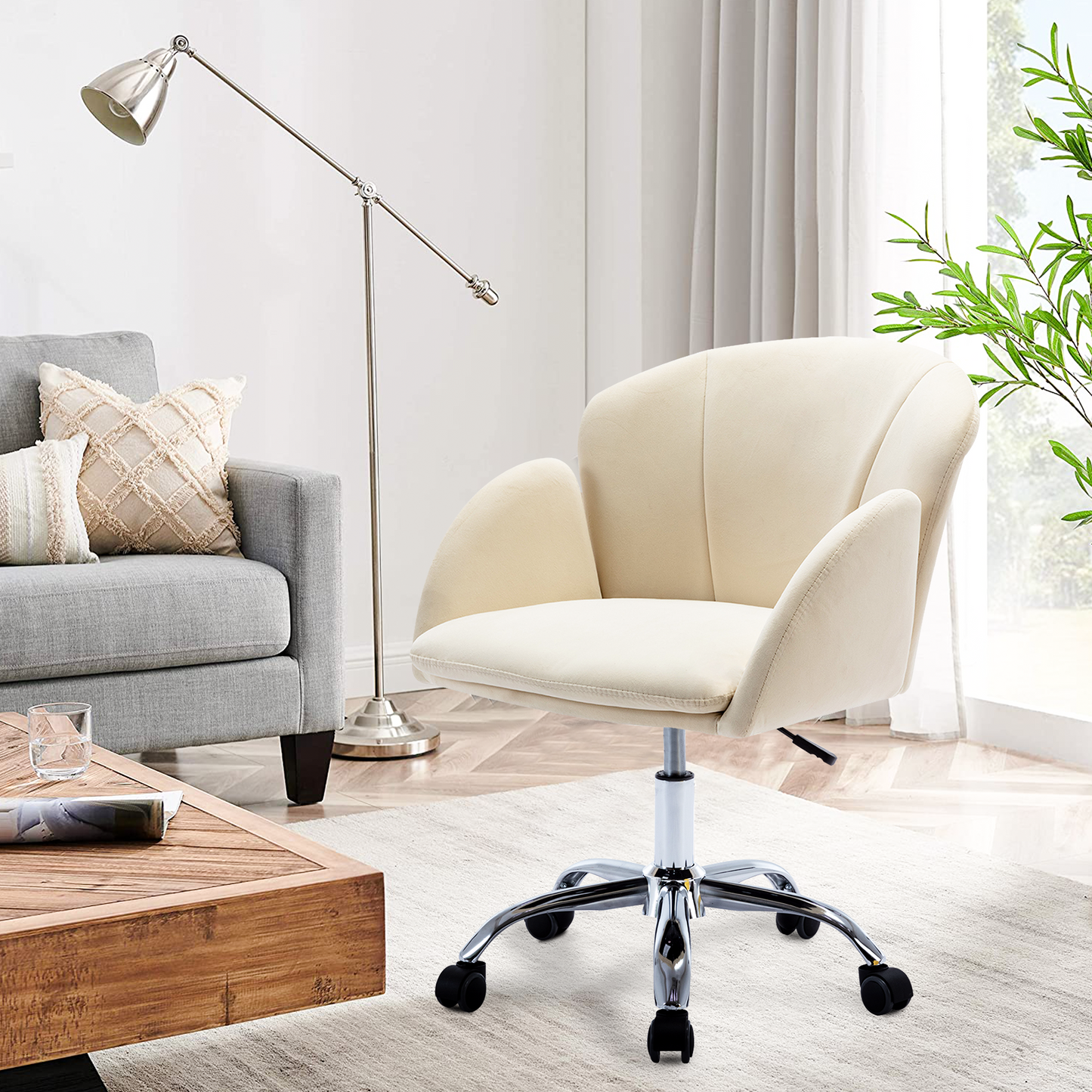 SYNGAR Tufted Vanity Chair with Wheels, 360° Swivel Upholstered Computer Task Chair, Upholstered Height Adjustable Home Office Chair, Velvet Accent Chair for Makeup Room Living Room Dorm Bedroom, K10