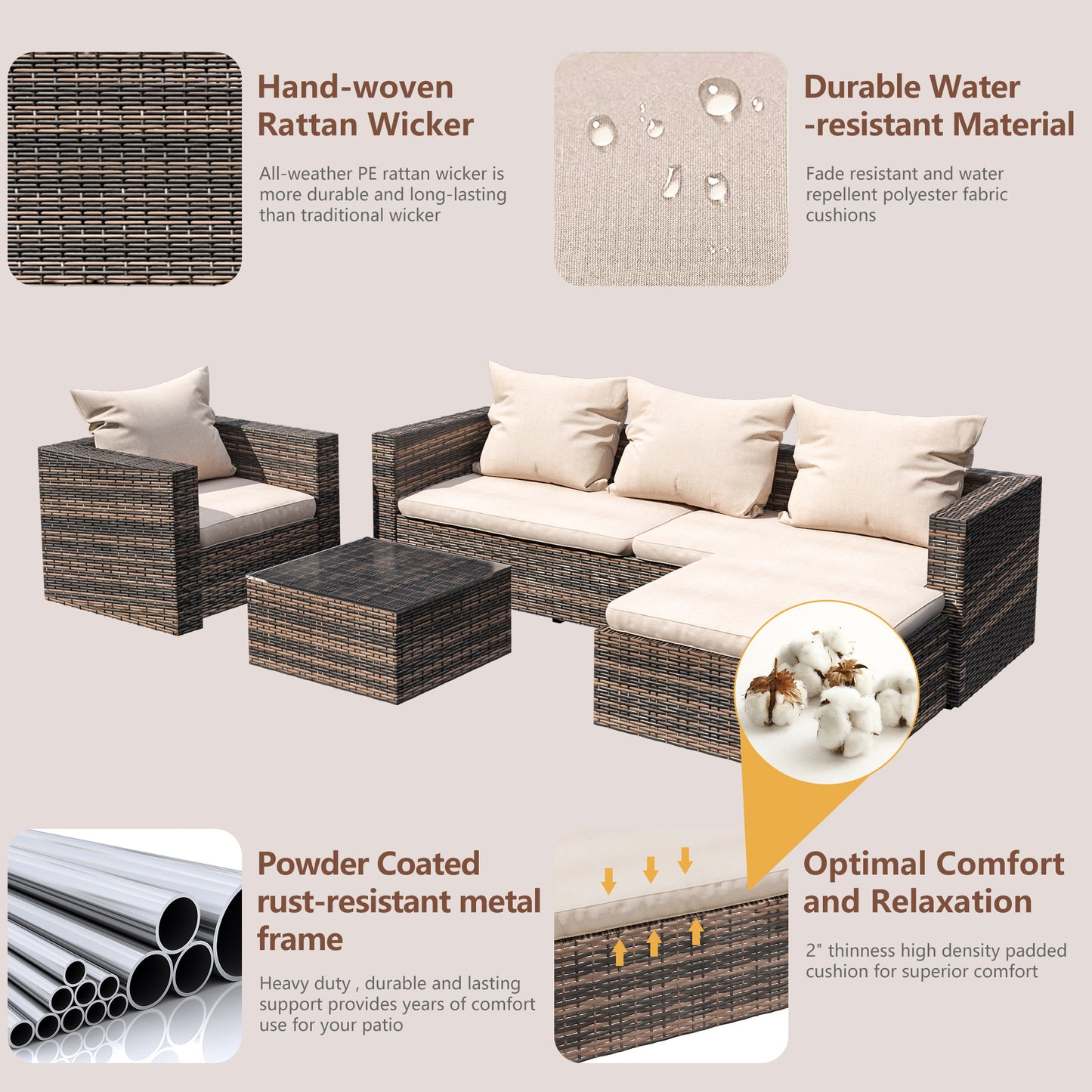 Rattan Patio Sofa Set, 4 Piece Outdoor Sectional Furniture Set, All-Weather PE Rattan Wicker Patio Conversation Set, Cushioned Sofa Set with Glass Table for Garden Pool Deck Porch, K2821