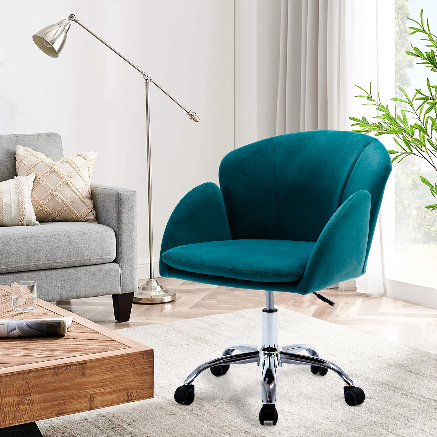 Modern Tufted Velvet Makeup Chair, 360° Swivel Reception Chair with Back and Arms, Tufted Task Chair for Office Bedroom Study Living Room, Height Adjustable Accent Chair for Girls Women Gifts, K07