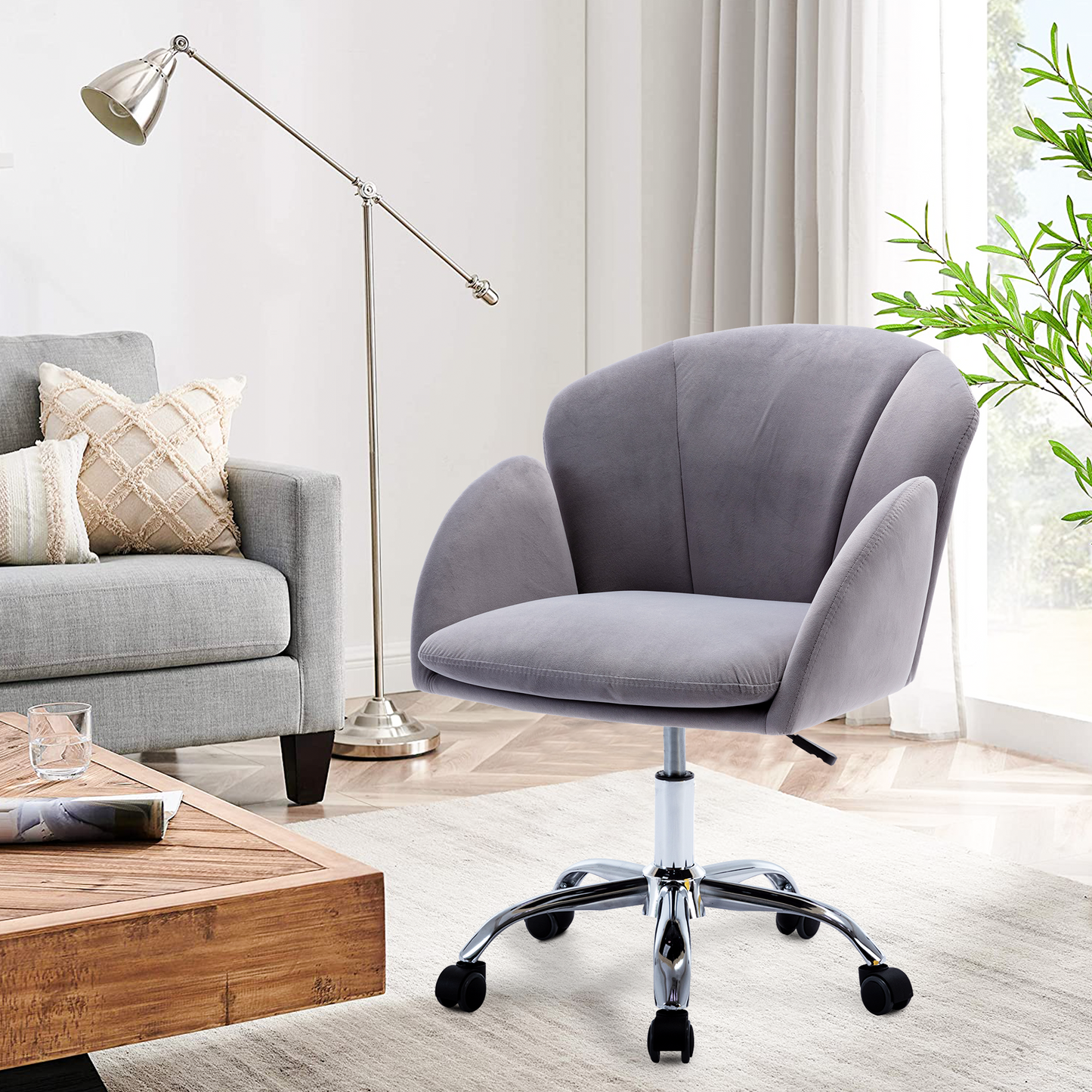 SYNGAR Tufted Vanity Chair with Wheels, 360° Swivel Upholstered Computer Task Chair, Upholstered Height Adjustable Home Office Chair, Velvet Accent Chair for Makeup Room Living Room Dorm Bedroom, K10