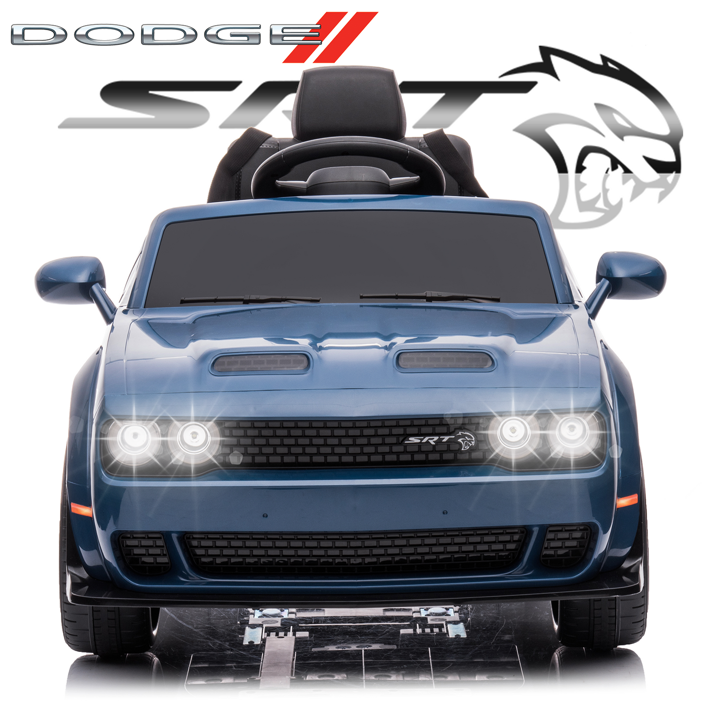 Power Dodge Challenger SRT Ride on Toy, 12 Volt Battery Powered Electric Car with Remote Control, Horn, LED Lights, USB Port for Boys Girls Birthday Gift, Blue