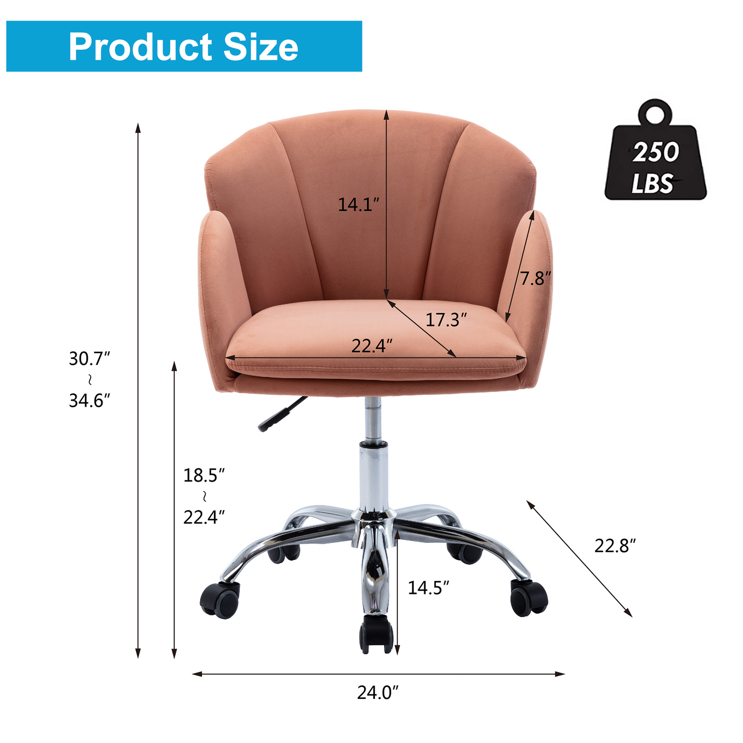 Velvet Accent Chair for Living Room, Height Adjustable Vanity Chair for Bedroom, Modern Upholstered Leisure Arm Chair for Makeup Study Bedroom, Mid-Century Task Chair with Metal Legs, K08