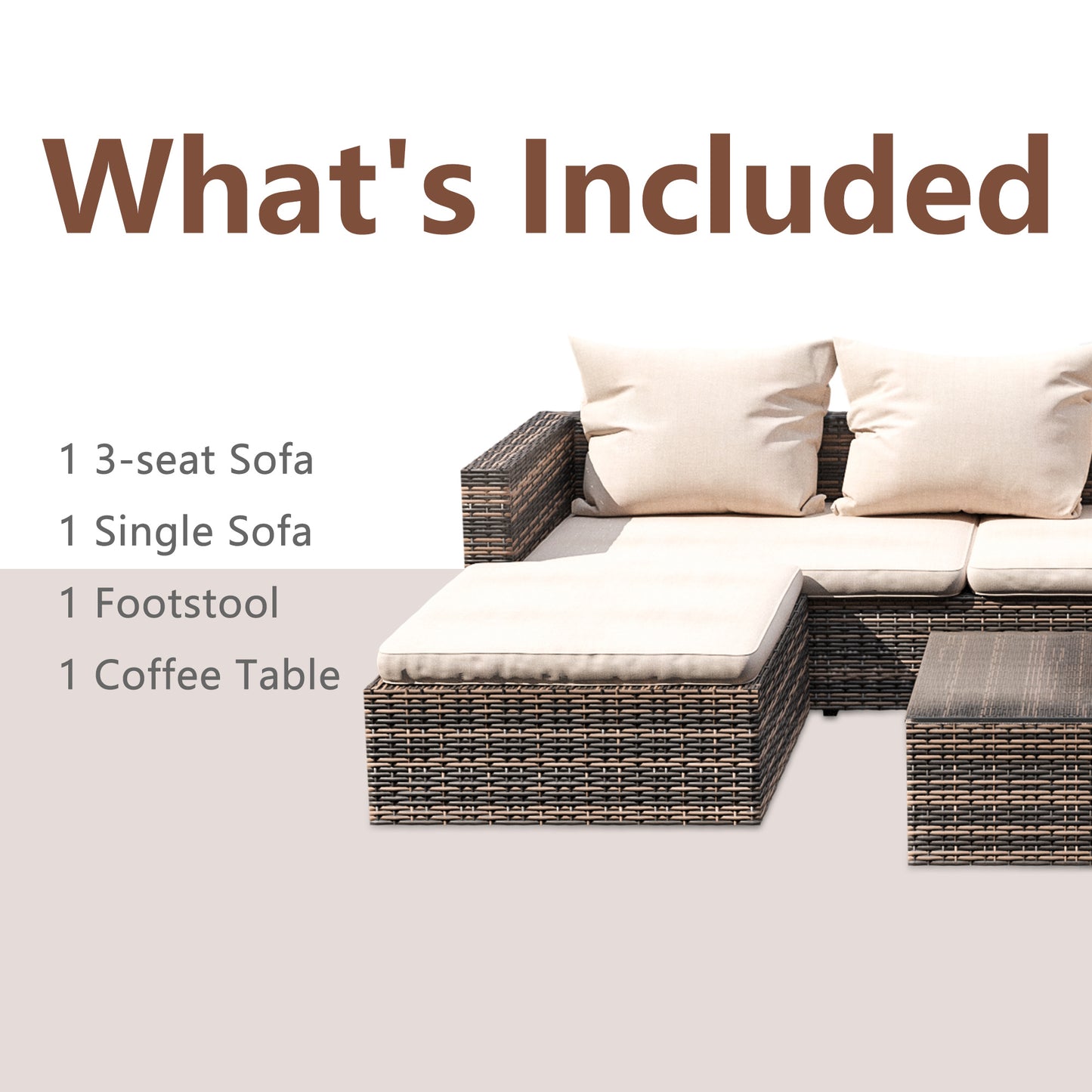 Rattan Patio Sofa Set, 4 Piece Outdoor Sectional Furniture Set, All-Weather PE Rattan Wicker Patio Conversation Set, Cushioned Sofa Set with Glass Table for Garden Pool Deck Porch, K2821