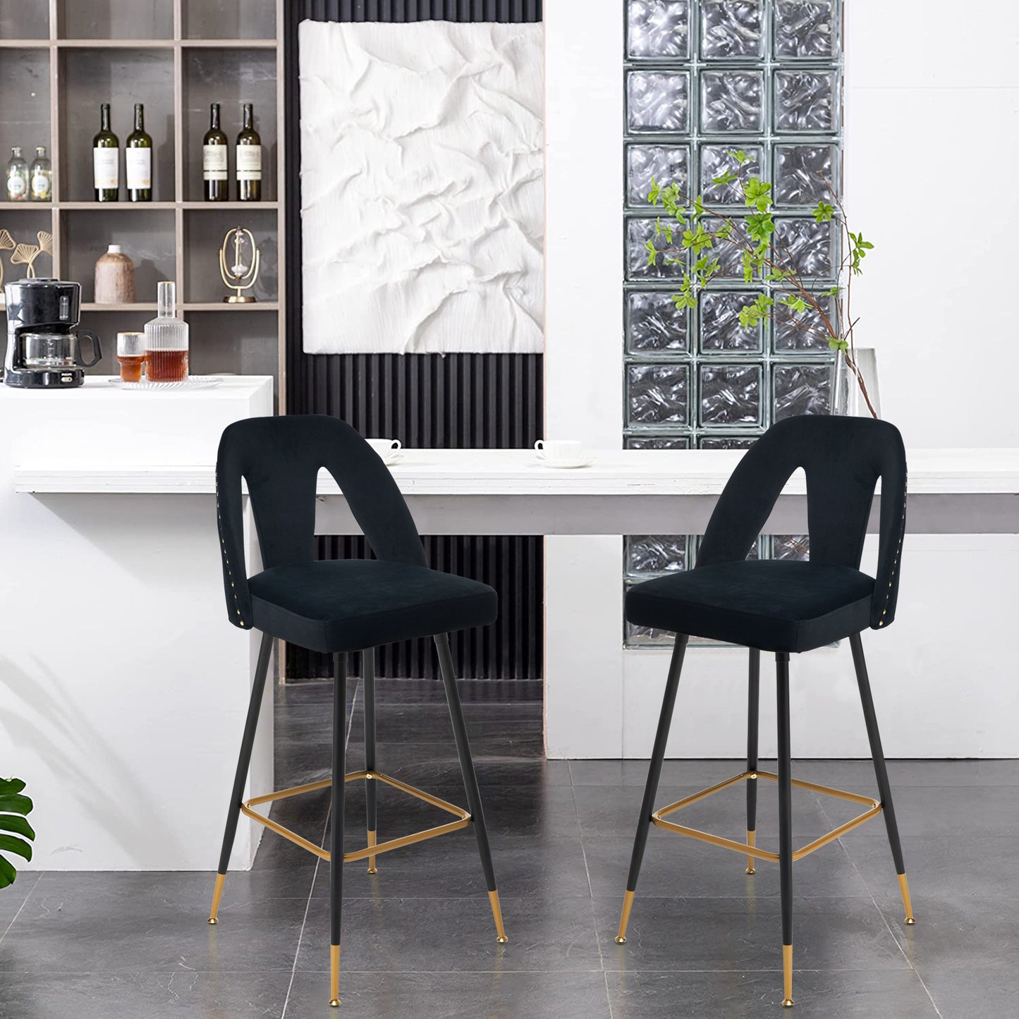 SYNGAR Modern Bar Chairs Set of 2, Contemporary Velvet Upholstered Bar Stools Tool and Counter Stools with Nailheads and Gold Tipped Black Metal Legs, Black Leisure Style Bar Chairs, Black
