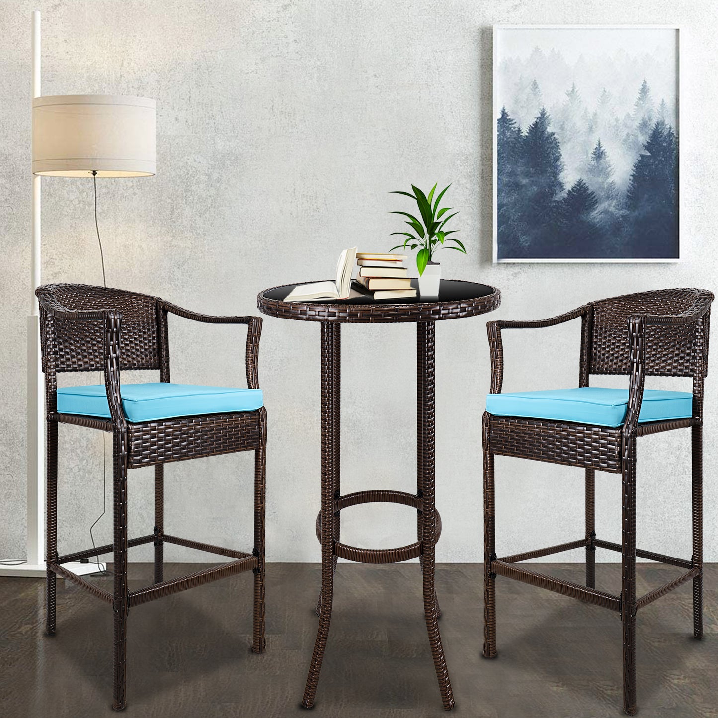 Clearance! 3 Piece Pub Table Set, High Top Bar Table W/ 2 Chairs Padded Seat, PE Rattan Height Bar Stools Set of 3, All-Weather Dining Table Set for Kitchen Home Pub Cafe Outdoor Patio Poolside, B101