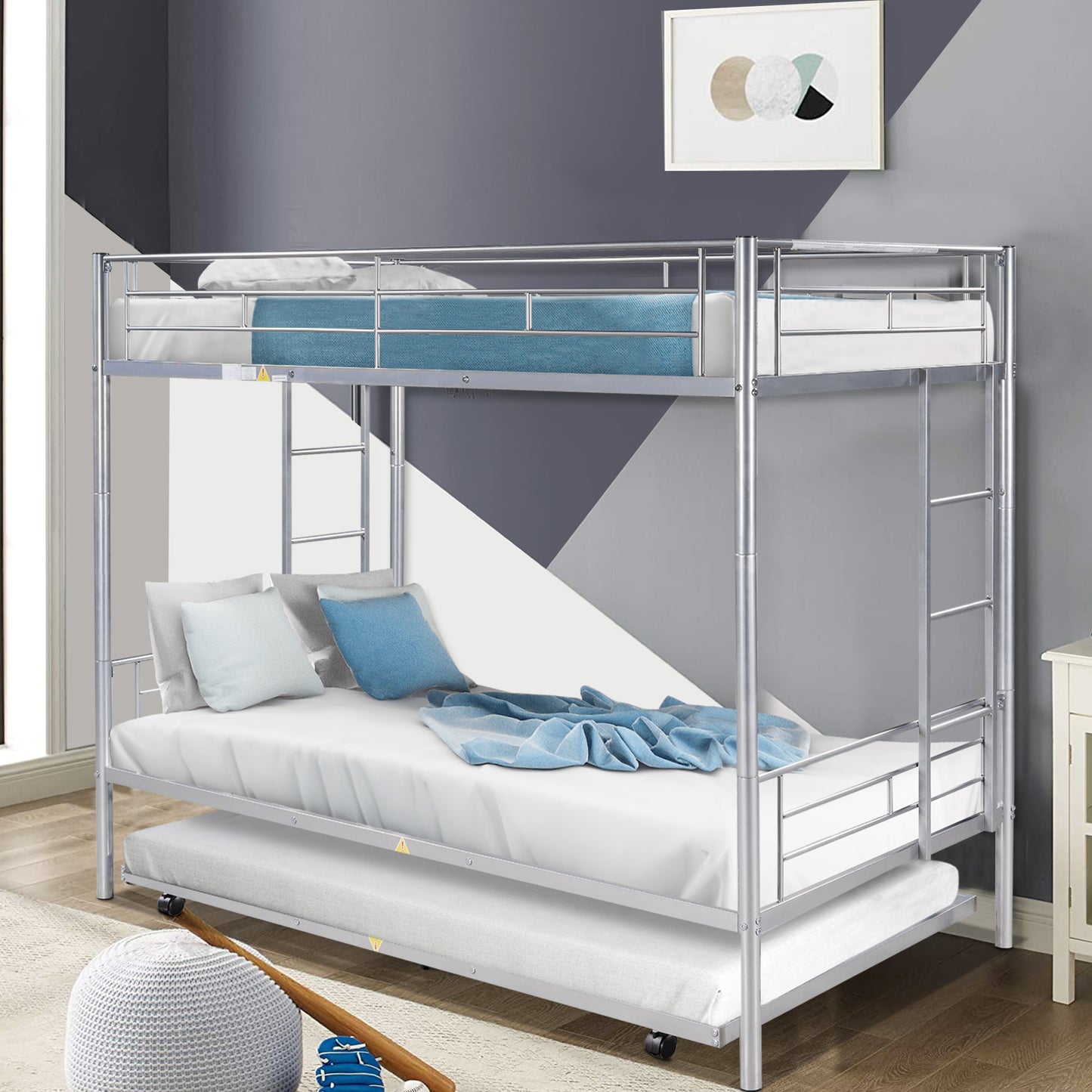 Twin over Twin Bunk Bed Frame with Trundle, SYNGAR Upgraded Bunk Beds with Ladder & Guardrail, Heavy Duty Kids Bedroom Furniture Bunk Bed for Boys and Girls, Space Saver Guest Room Bunk, Silver, C24