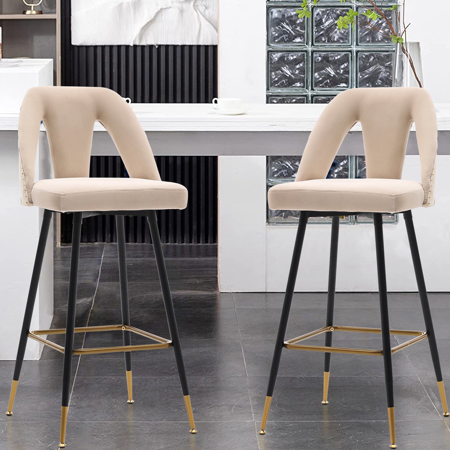 SYNGAR Modern Bar Chairs Set of 2, Contemporary Velvet Upholstered Bar Stools Tool and Counter Stools with Nailheads and Gold Tipped Black Metal Legs, Black Leisure Style Bar Chairs, Black