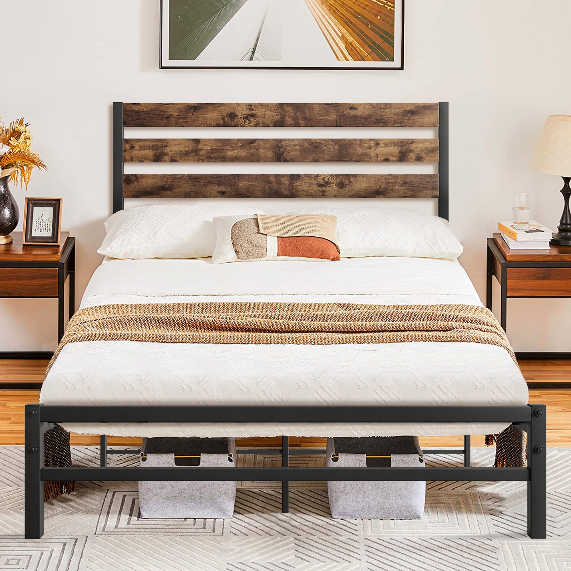 SYNGAR Black Full Size Bed Frame with Wooden Industrial Headboard, Iro ...