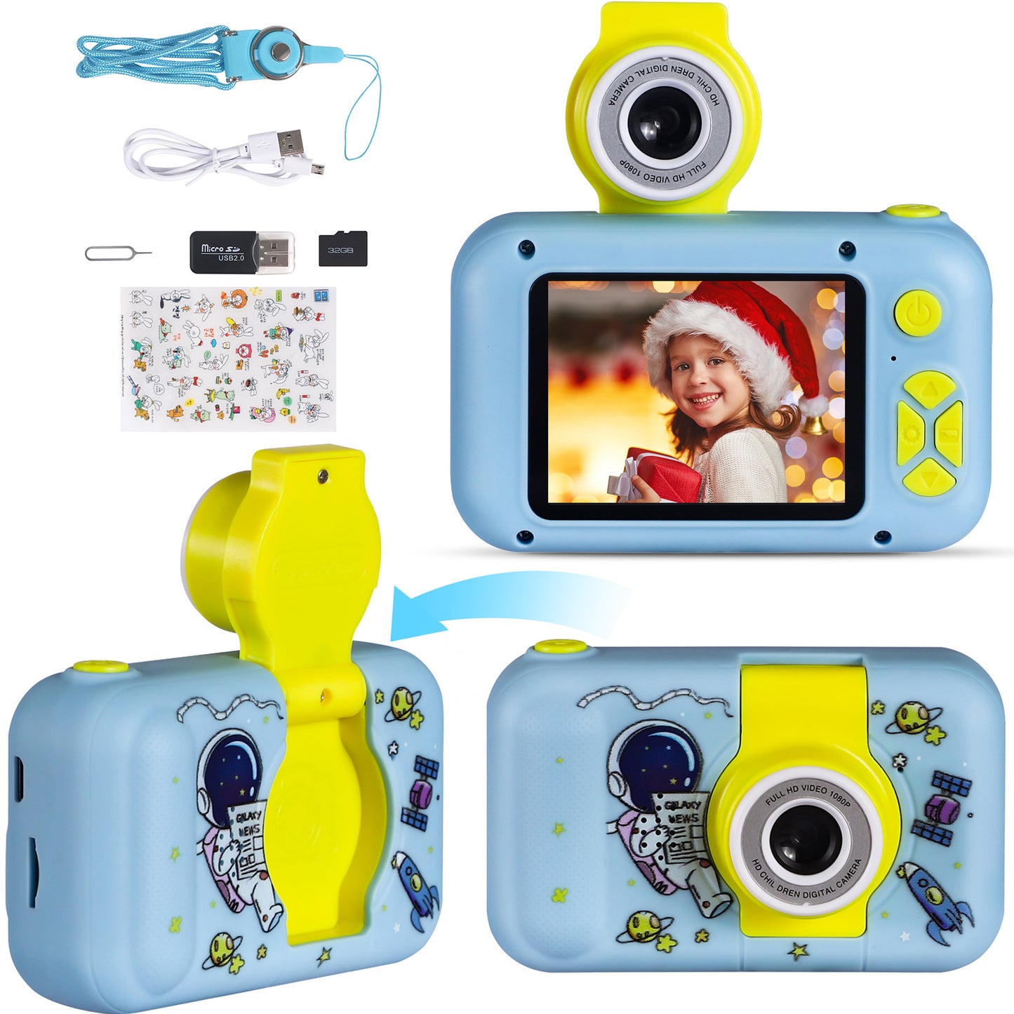 Reversible Kids Camera, 1080P Upgrade Selfie Camera with 32 GB Card, Kids Digital Camera for Girls Boys 3-8 Year Old, Perfect Christmas Birthday Festival Toys Gifts for Toddlers, Pink Astronaut