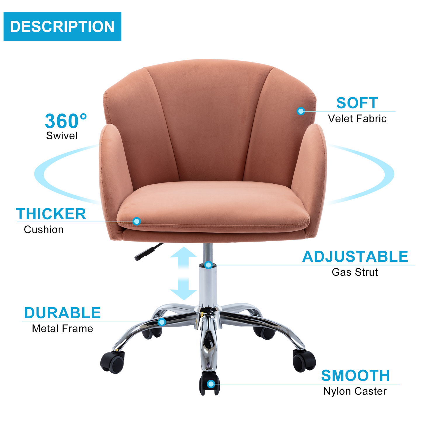 Velvet Accent Chair for Living Room, Height Adjustable Vanity Chair for Bedroom, Modern Upholstered Leisure Arm Chair for Makeup Study Bedroom, Mid-Century Task Chair with Metal Legs, K08